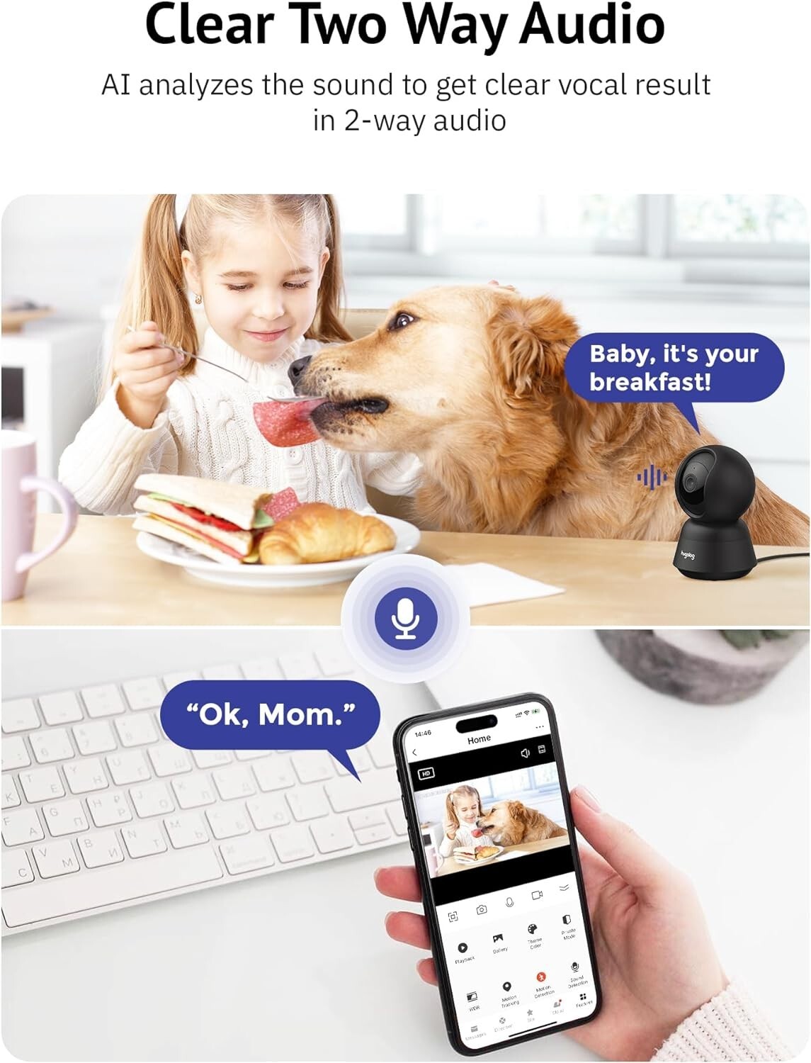 Hugolog 2K 3MP Indoor Pan/Tilt Security Camera with Auto-Focus,Ideal for Baby