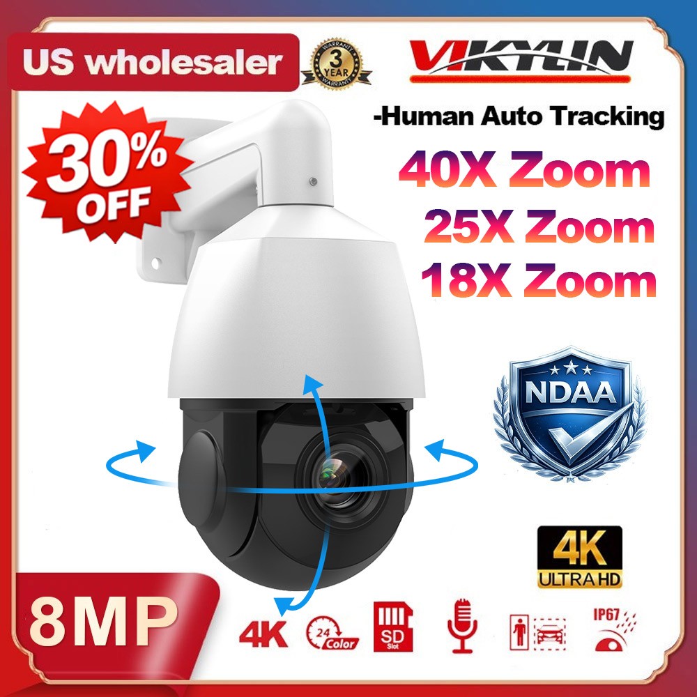 Vikylin 4K 8MP 40X 25X 18X PTZ 360° IP Camera IR POE Mic Auto Tracking CCTV NDAA