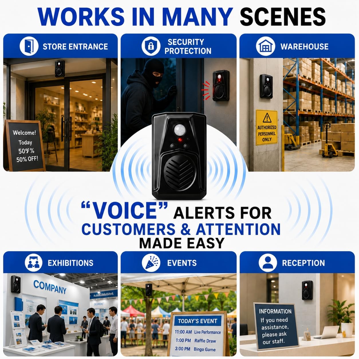 Motion Sensor Sound Player 80db 13ft/120° Detection Custom Voice USB Battery