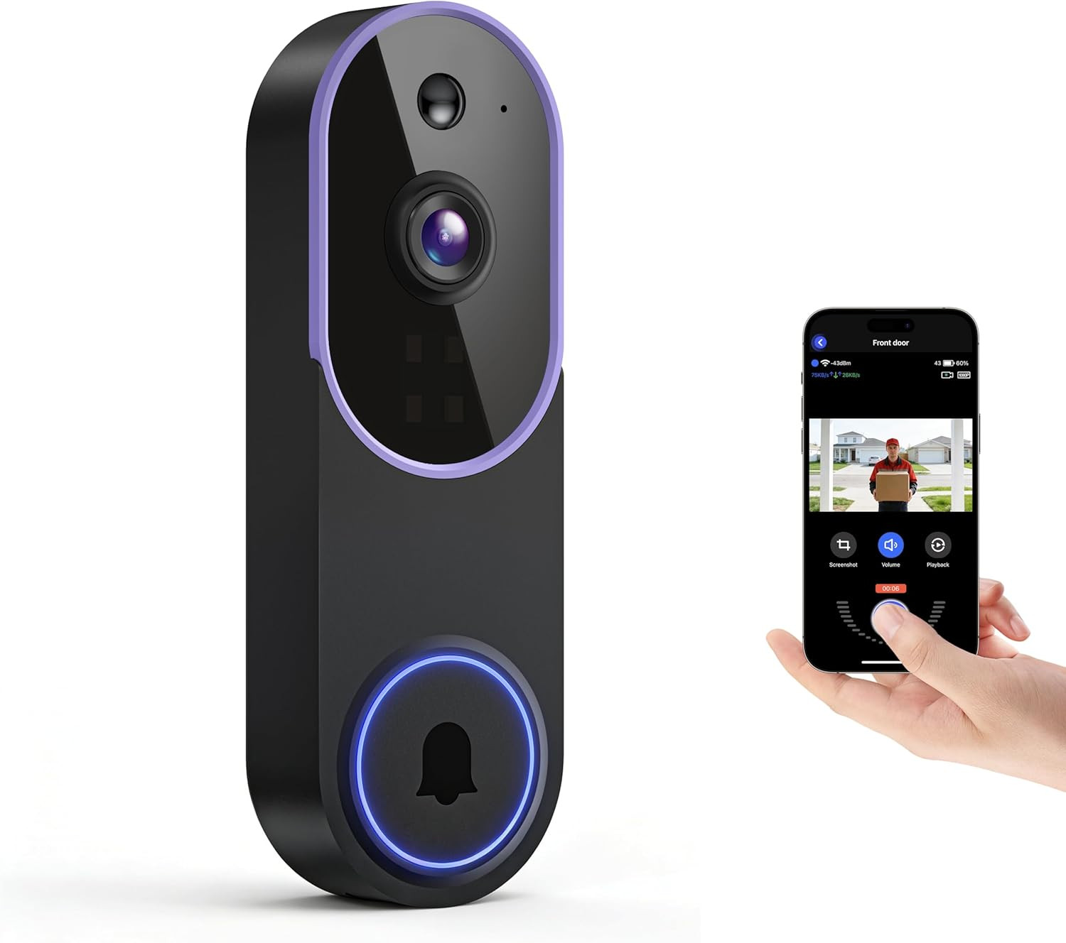 Smart 1080P Video Doorbell Camera with Night Vision, Live View, AI Human Detecti