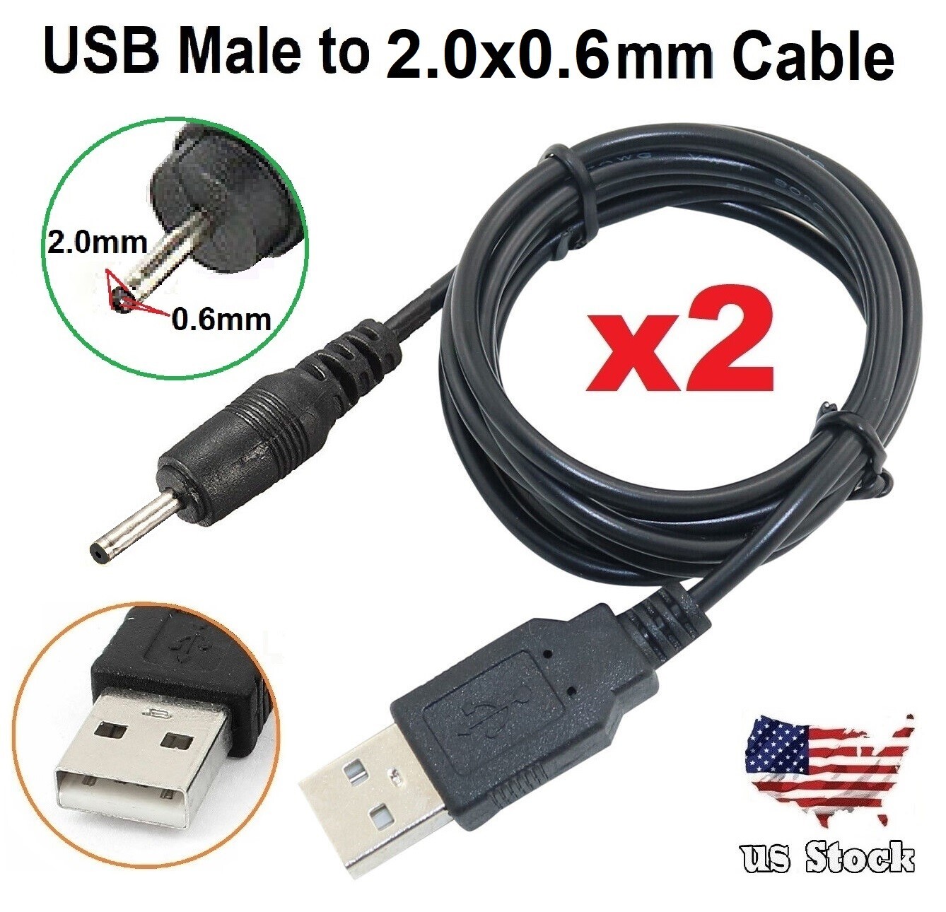 x2 50CM USB A Male to 2.0*0.6mm DC 5V 3.3mm diameter Charging Cable Adapter Cord