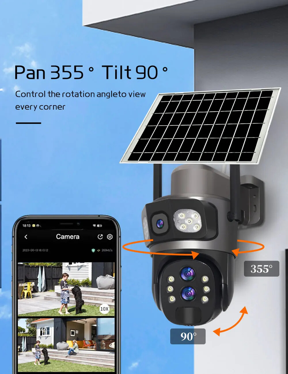 Solar Camera Outdoor 6K 12MP Three Lens Security Human Auto Tracking CCTV Camera