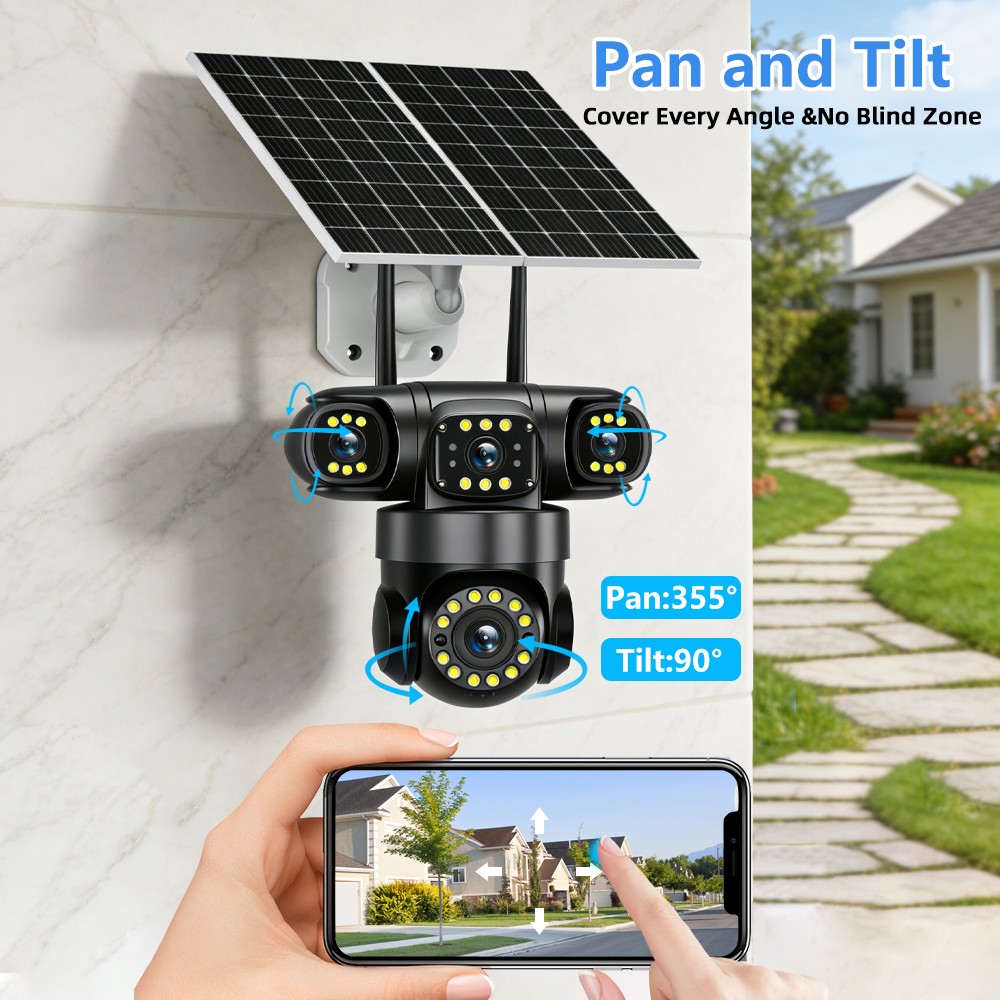 16MP 4G SIM Solar Security IP Camera Outdoor 4 Lens CCTV Motion Detection PTZ US