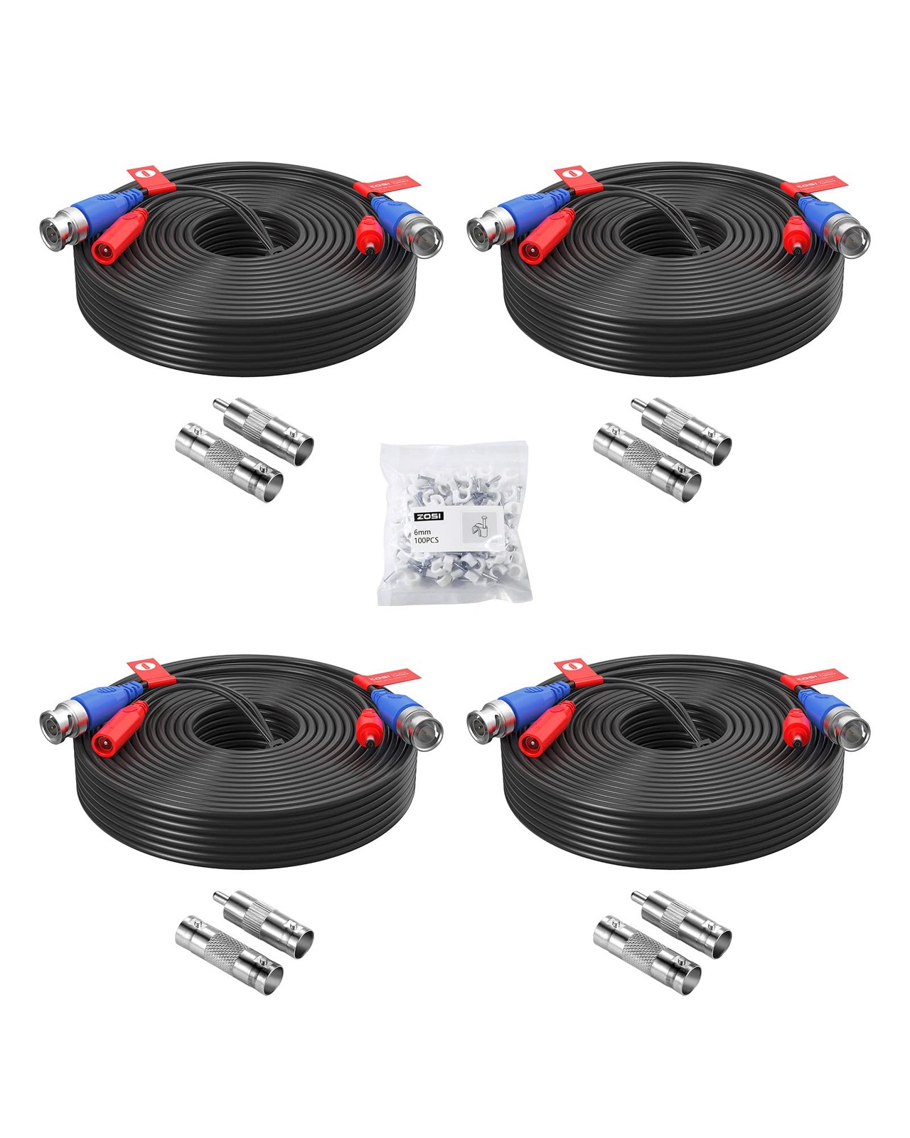 4 Pack 100ft 30 Meters 2-in-1 Video Power Cable BNC Extension Surveillance