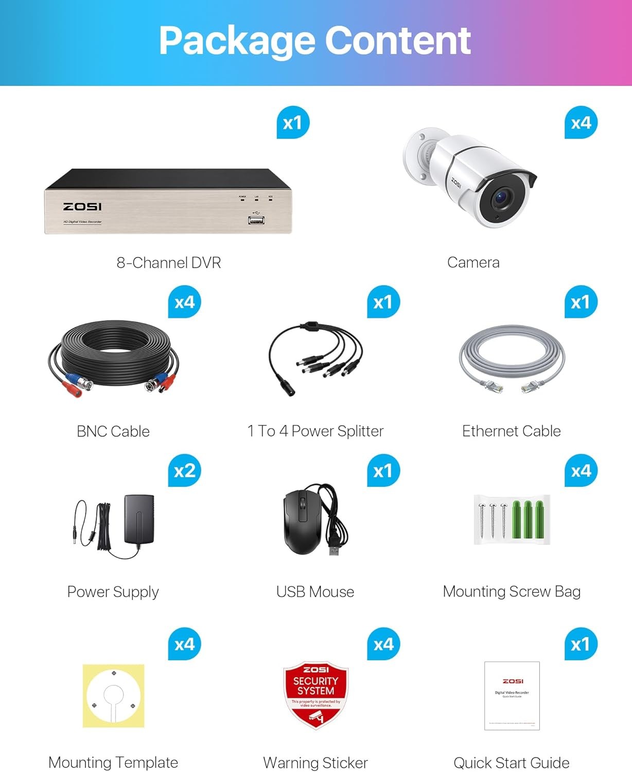ZOSI 8CH 3K Lite Home Security Camera System Outdoor 4x1080P Bullet CCTV Camera