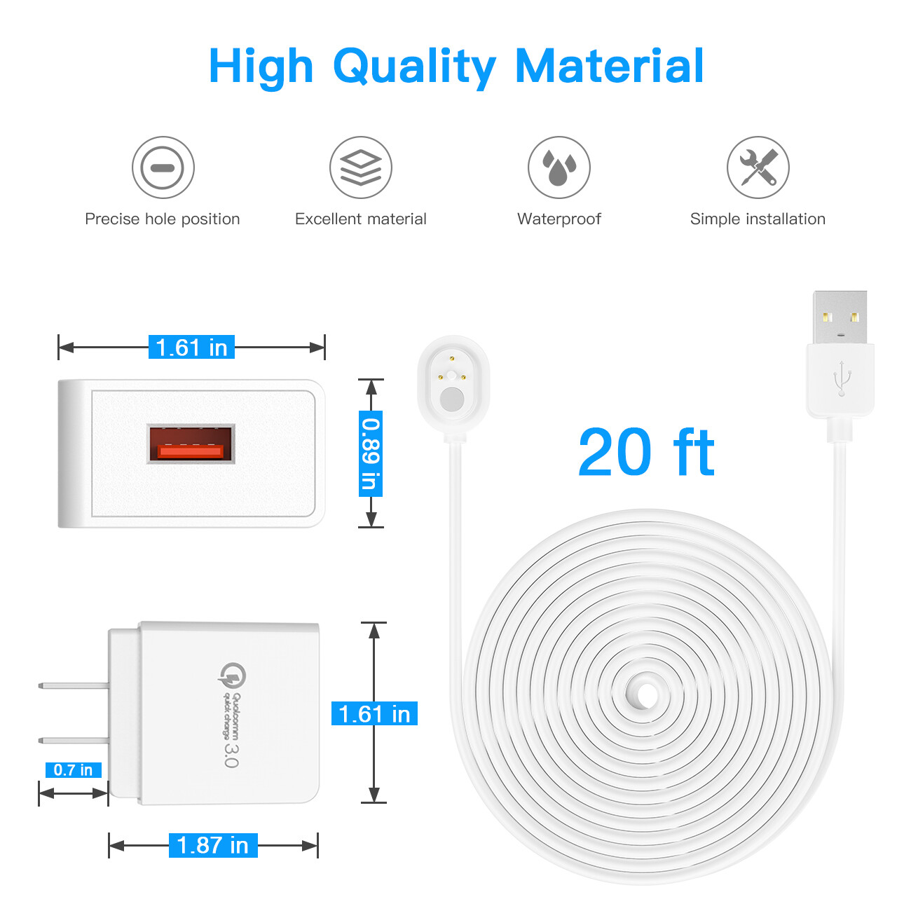 Holaca 20ft/6m Weatherproof Outdoor Charging Cable &Adapter for Arlo Pro 4/Ultra