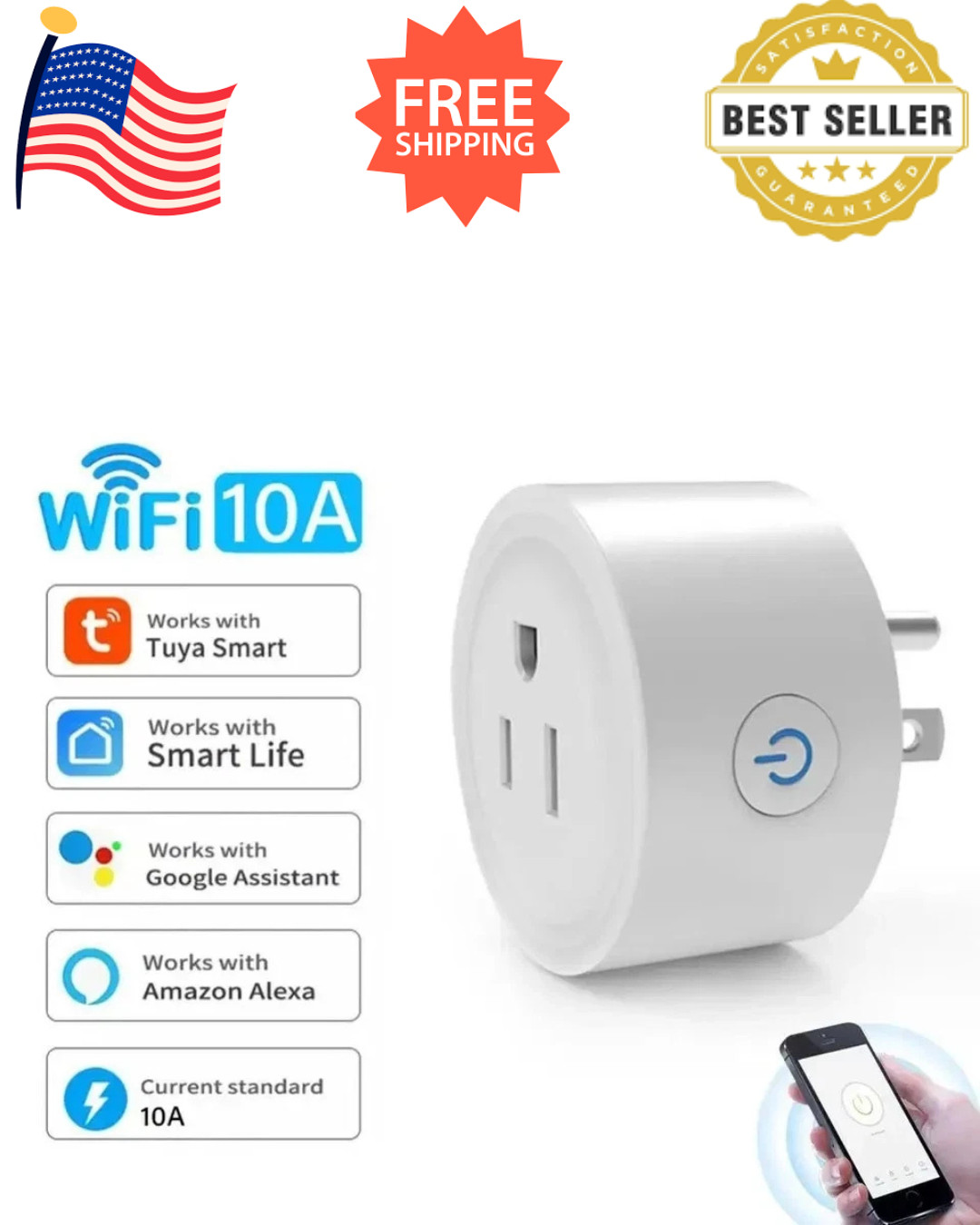 Tuya 10A Smart WiFi Plug US Outlet App Remote Works with Alexa Google