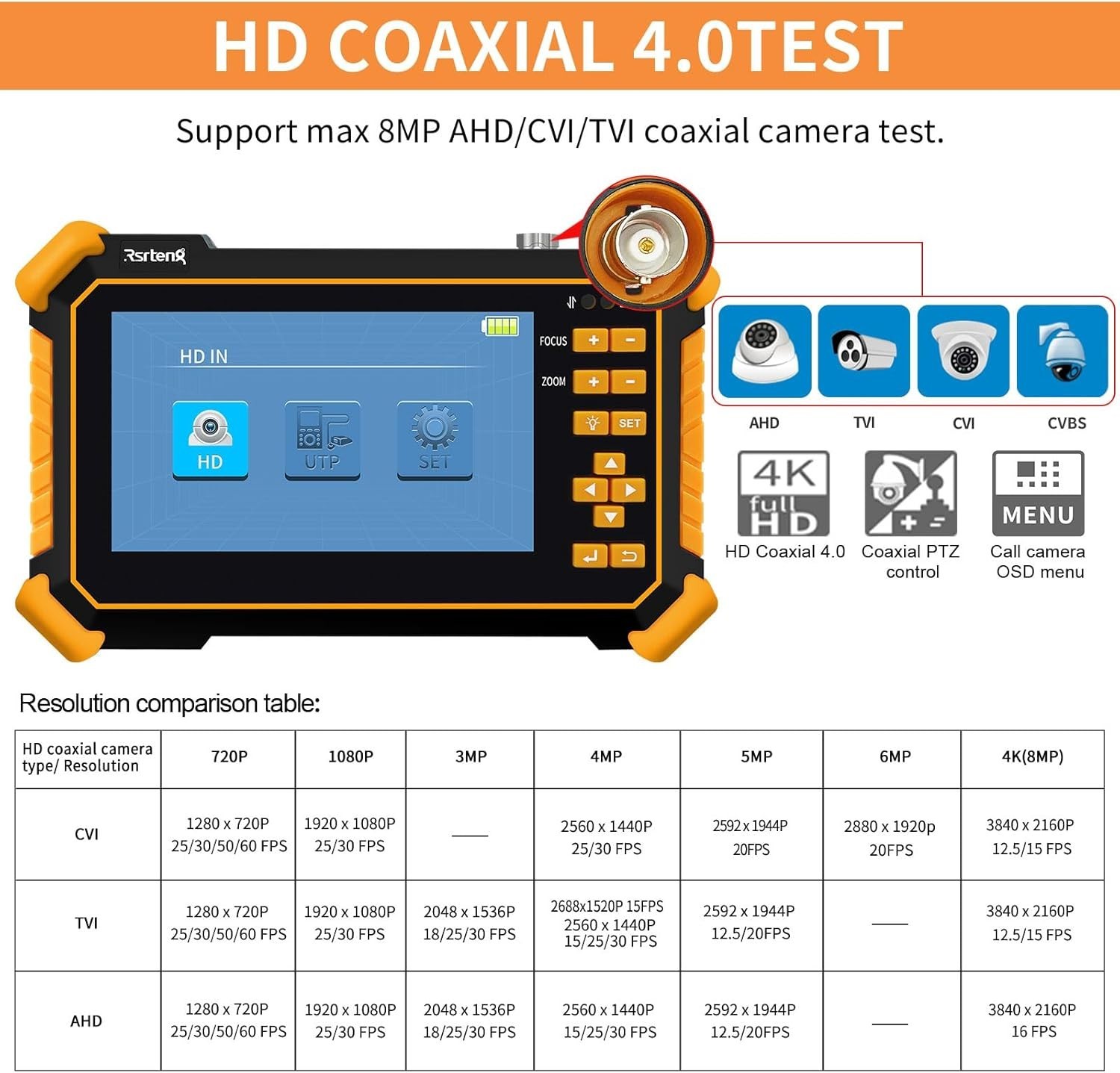 4.3 Inch CCTV Camera Tester 4K 8MP TVI CVI AHD CVBS PTZ RS485 Monitor