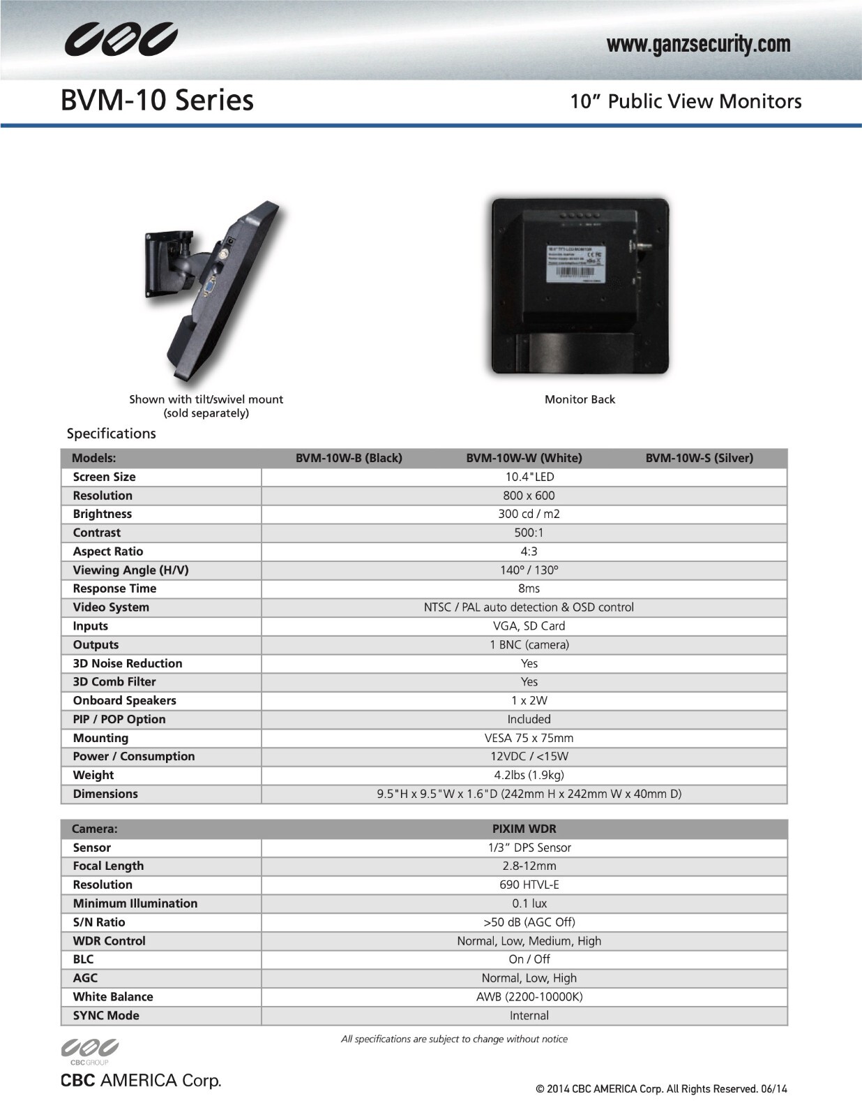 Ganz BVM-10W-B | 10.4″ LED Public View Monitor | Built-in WDR | NEW | WARRANTY |
