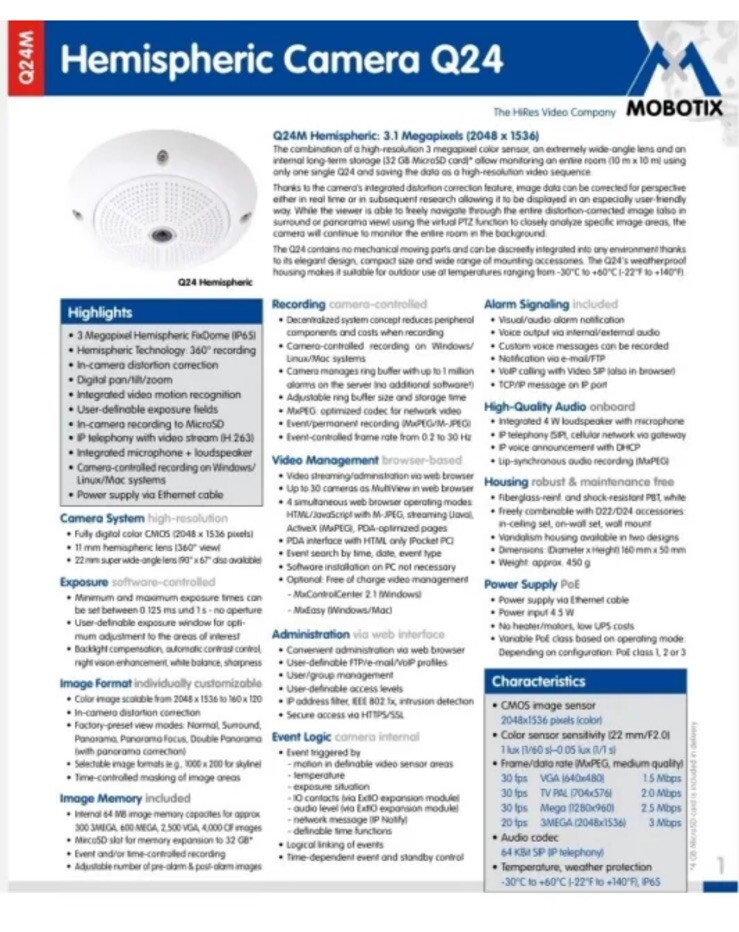 Mobotix MX-Q24M-SEC~D11 / Q24 3.1 Megapixel Dome Network IP Security Camera Used