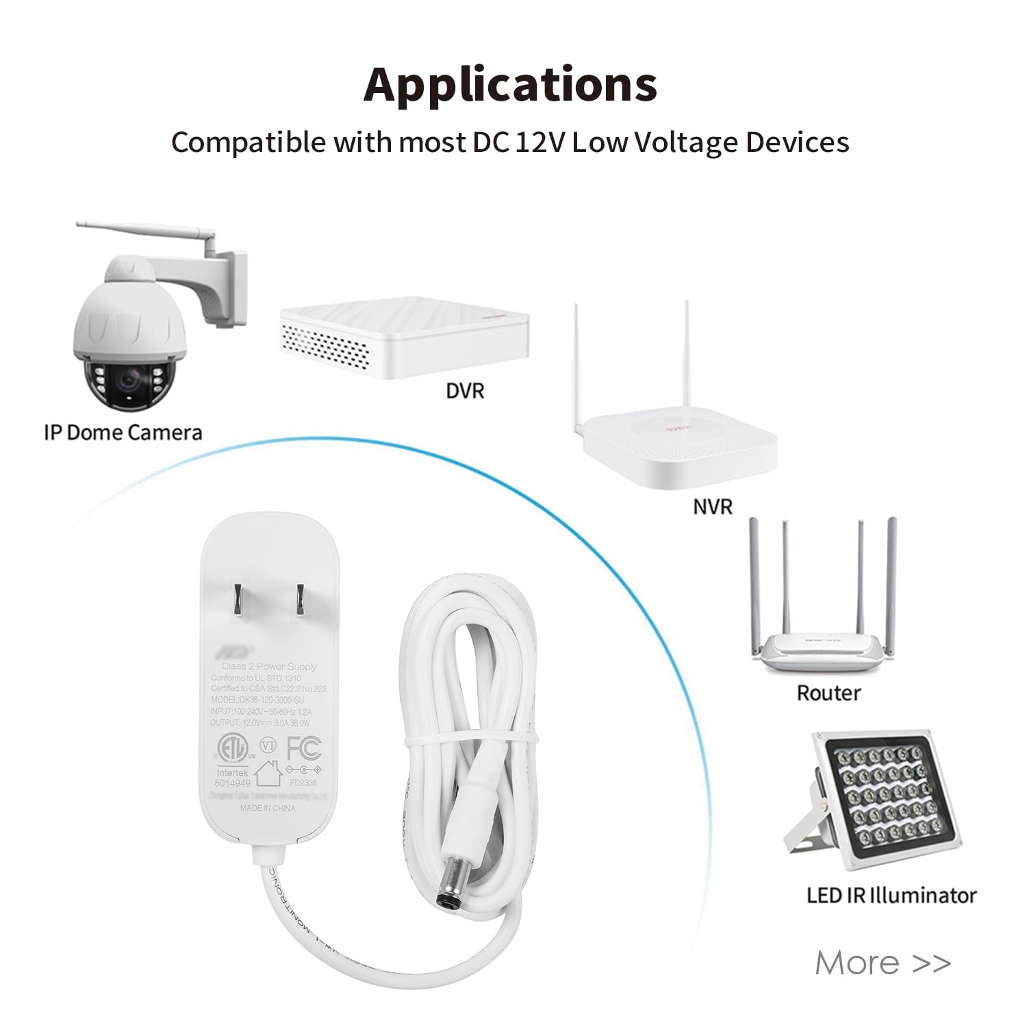 36W 12V 3A/3000mA Power Supply Adapter 6FT 5.5×2.1mm DC Plug White Cord