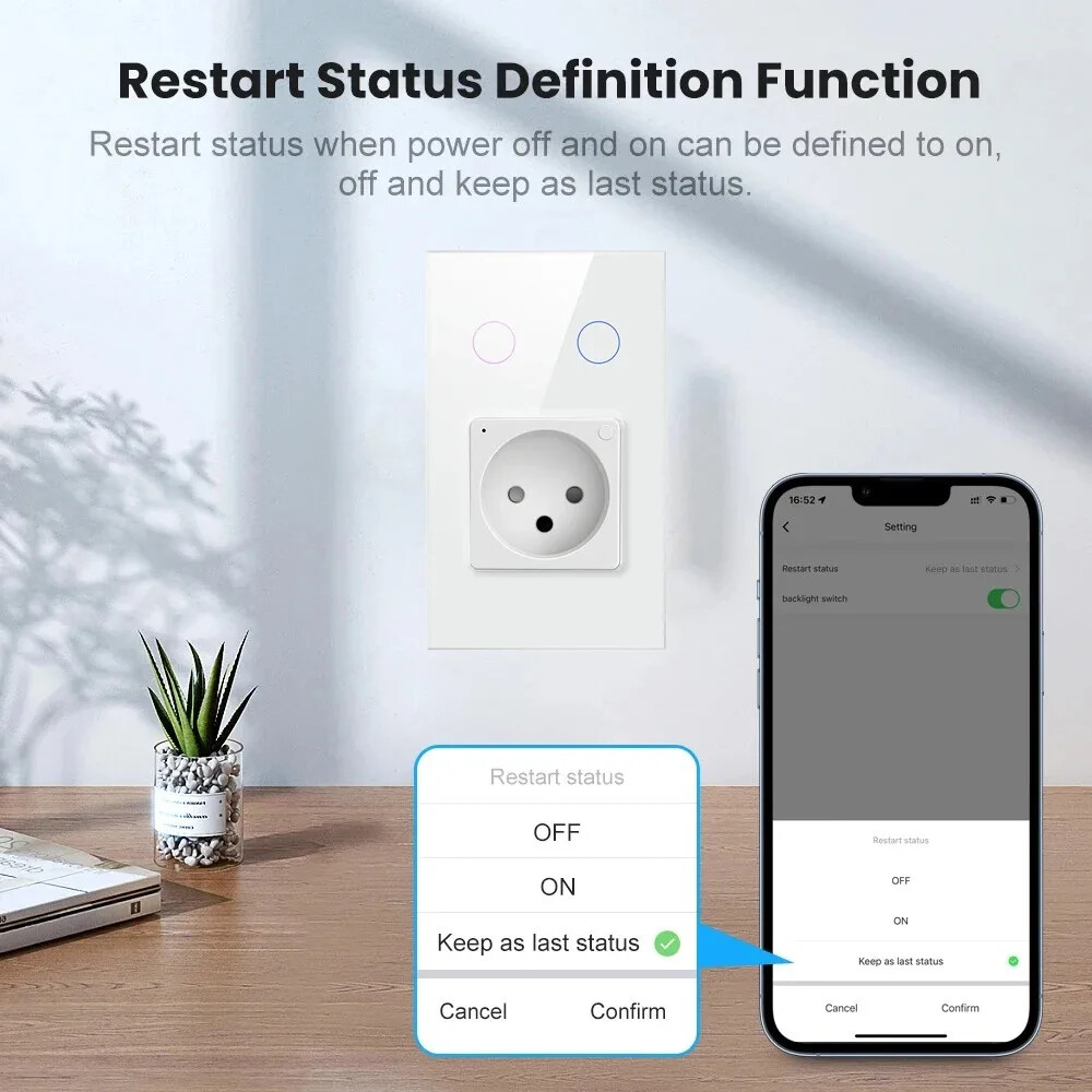 Tuya APP Wifi Smart Israel Power Wall Sockets Glass Panel 16A with LED Indicator
