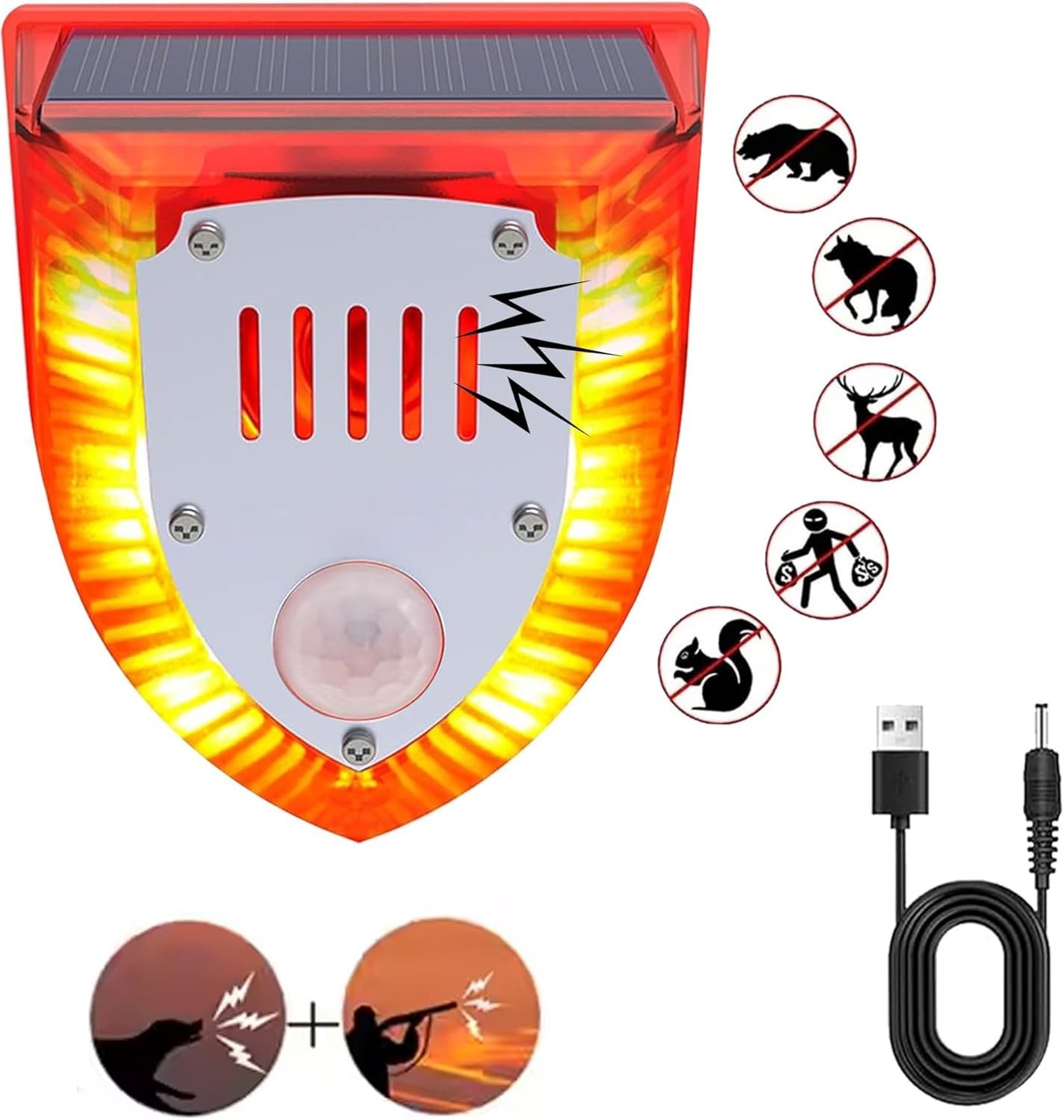 Solar Outdoor Motion Sensor Alarm-129db Dog Barking & Gunshot Sound USB Charge