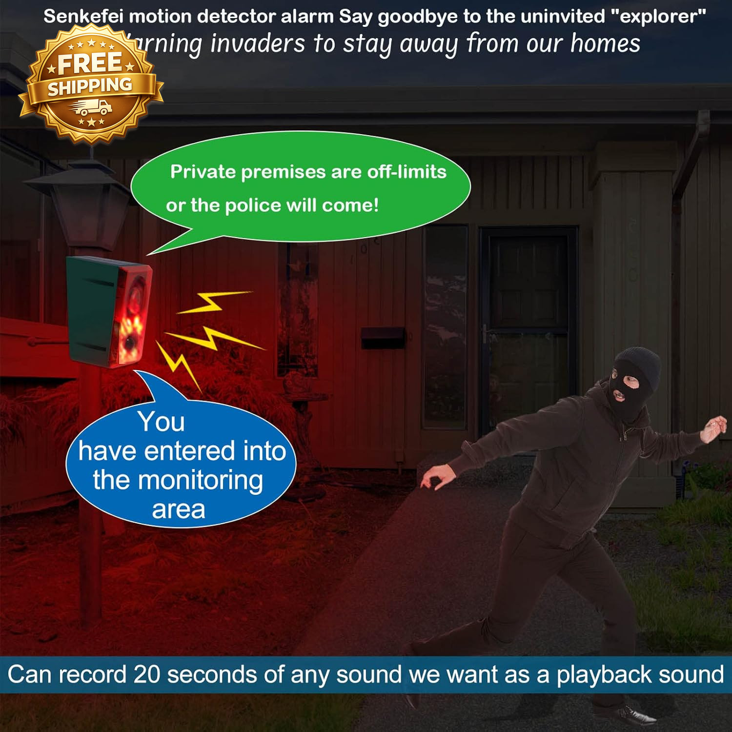 Solar Outdoor Motion Sensor Alarm Dog Barking & Gunshot Sound 130Db Motion Detec