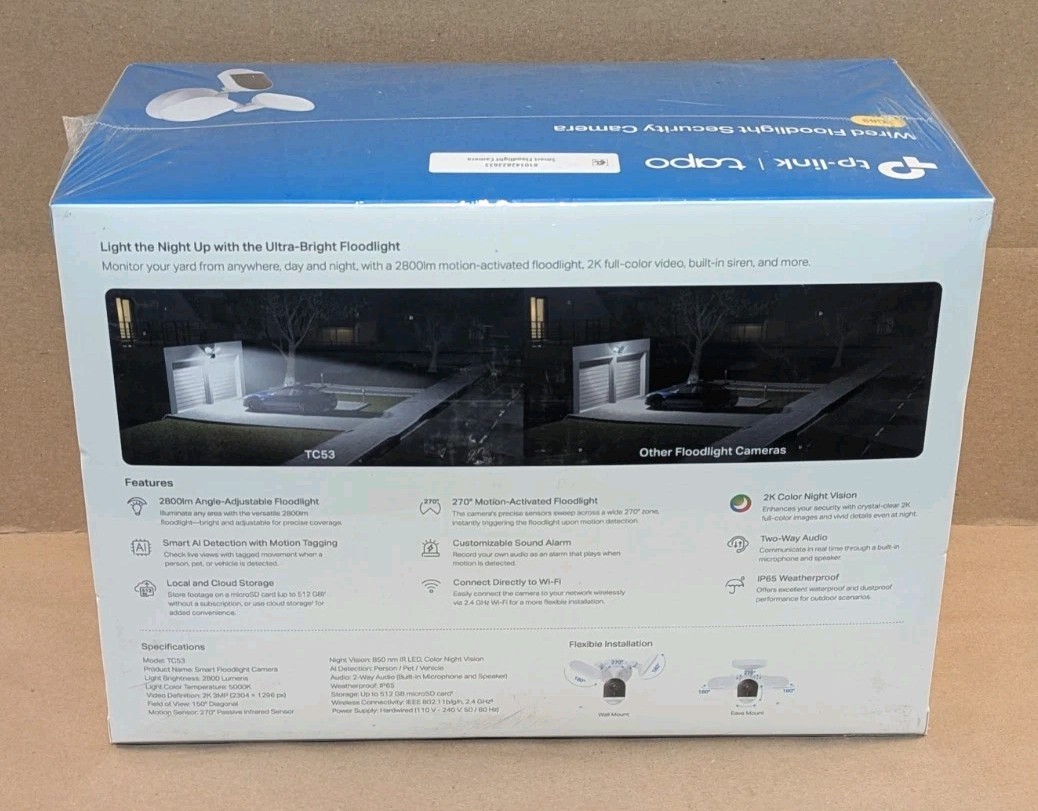 TP-Link Tapo 2K Wired Floodlight Security Camera Outdoor TC53 White NEW SEALED