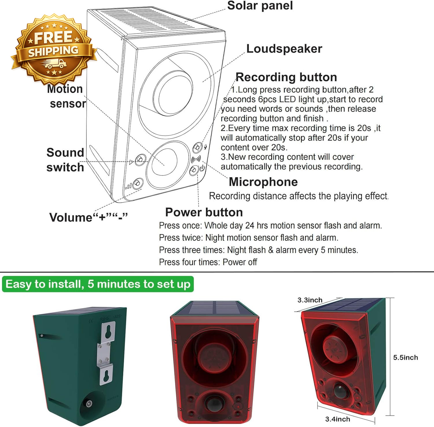 Solar Outdoor Motion Sensor Alarm Dog Barking & Gunshot Sound 130Db Motion Detec