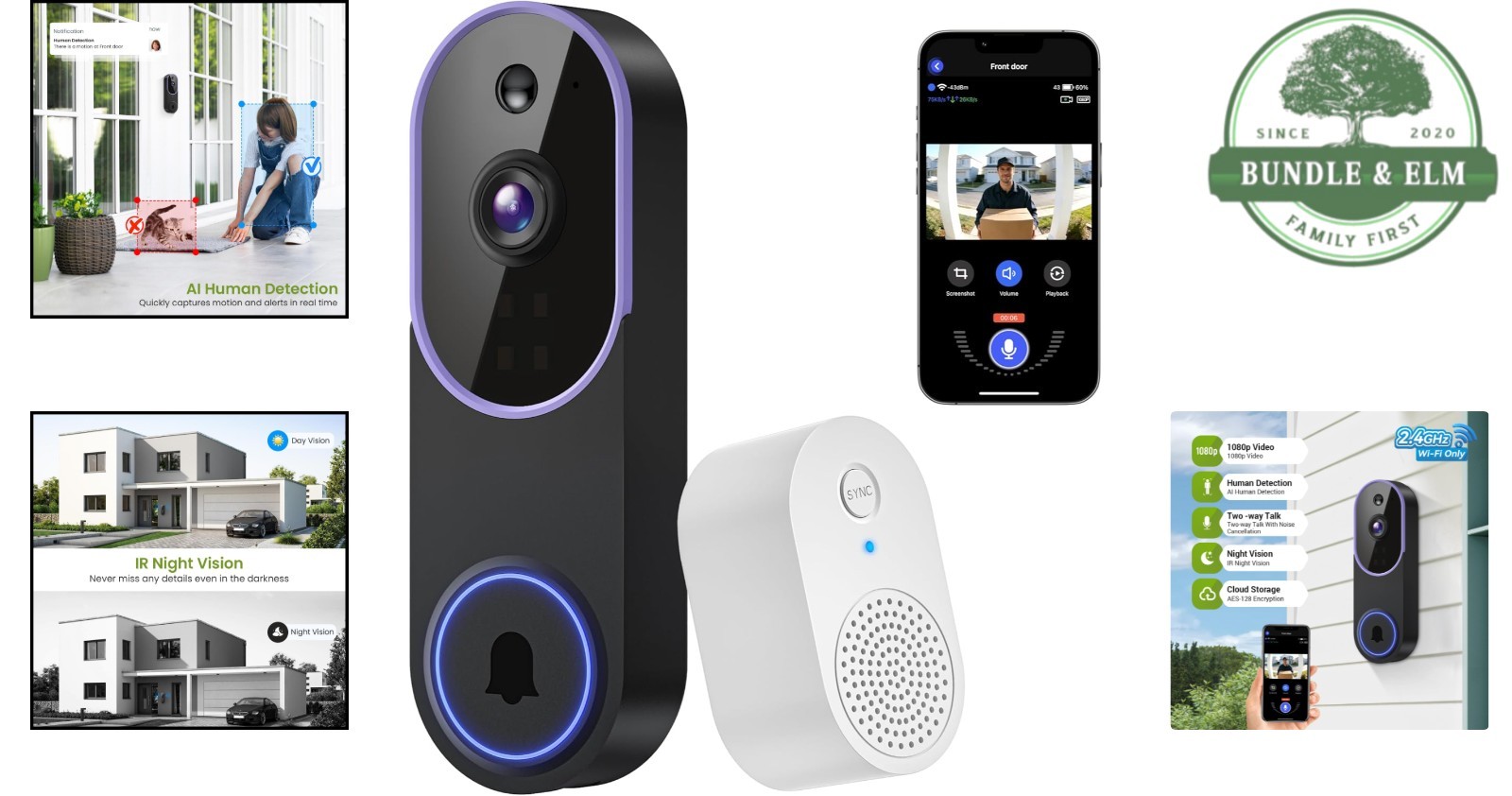 1080P Purple Wireless Doorbell with Intelligent Human Detection & Two-Way Audio