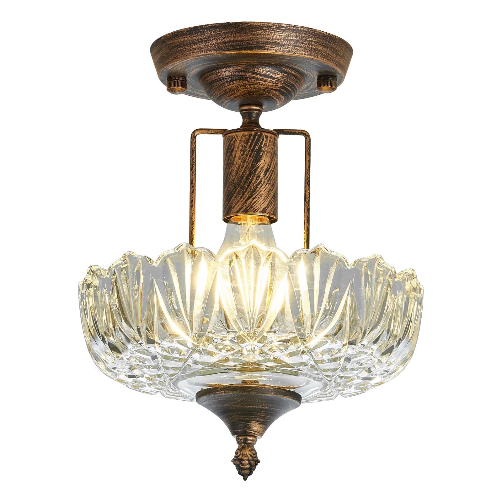 UOFUS Glass Ceiling Light Fixture Vintage Small Semi Flush Mount Bronze
