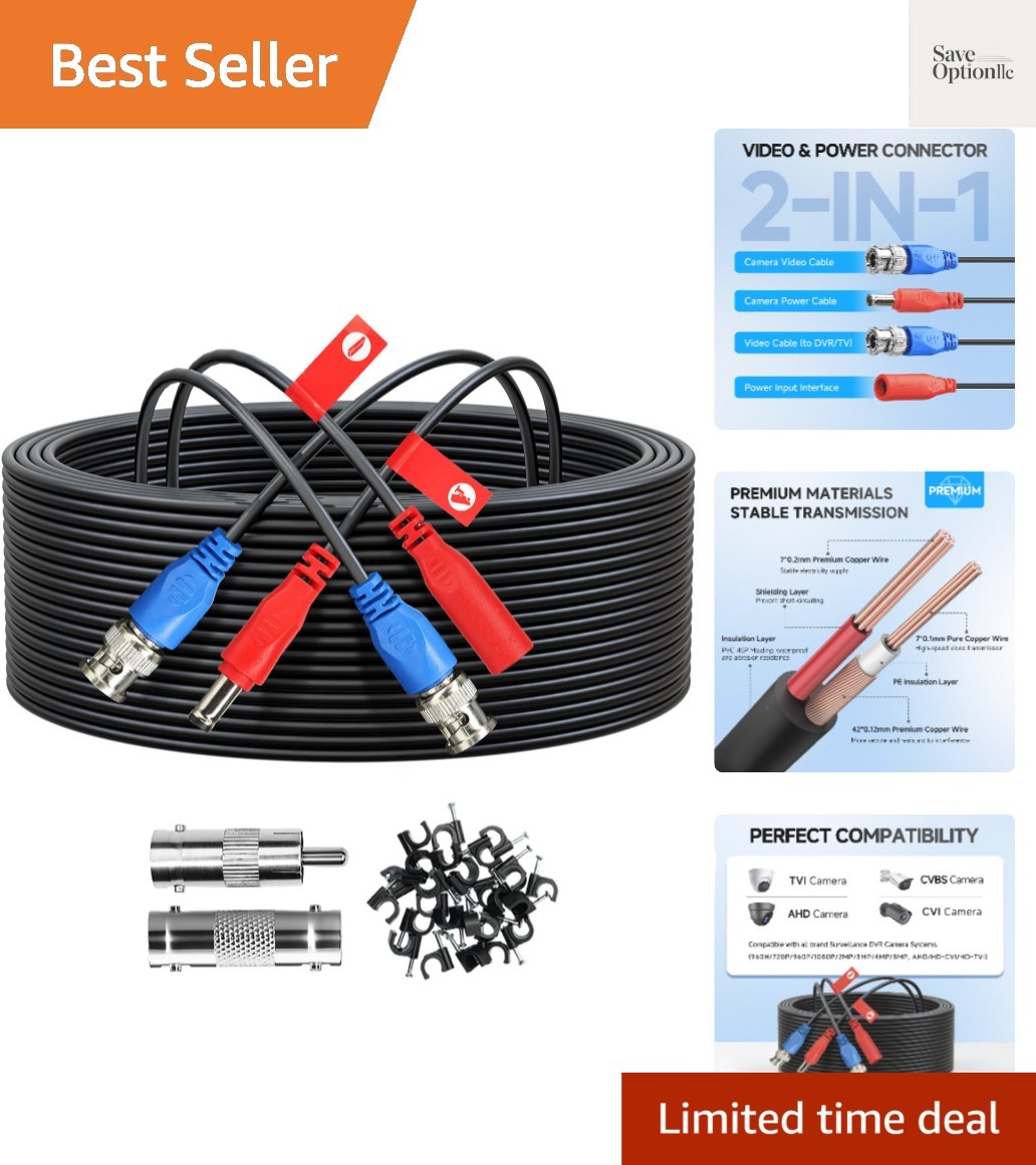 50FT/15M All-in-One Video Power Cable, Premade BNC Video Power Cable Extensio…