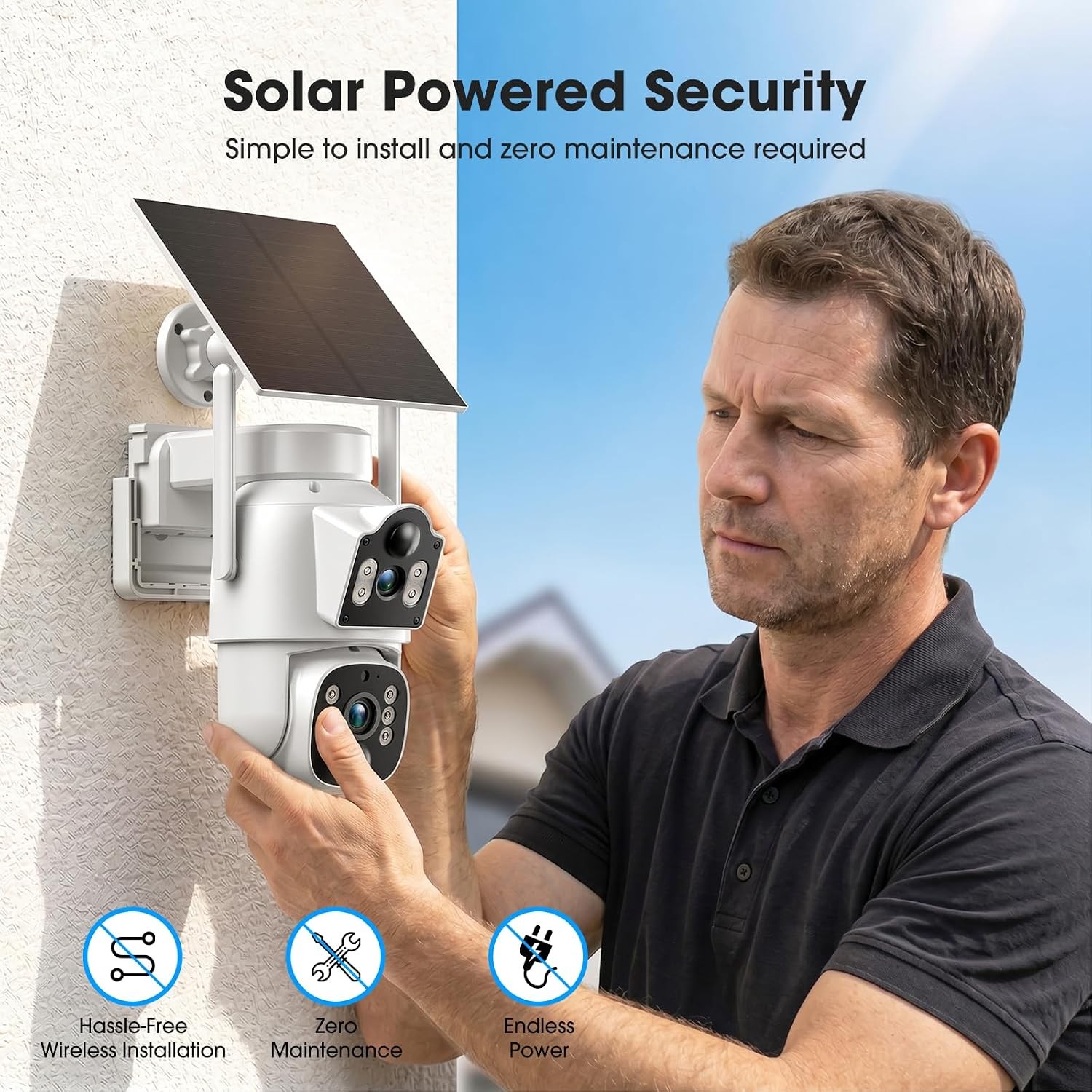 Solar-Powered Home Security Cameras System with 360° Pan&Tilt Dual Lens 8 Screen