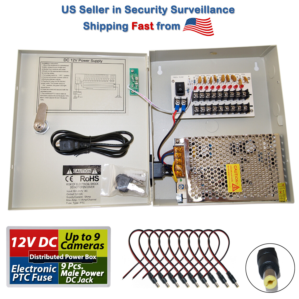 8 CH Channel Power Supply Box CCTV Camera 9 Port 12V + Free 9 Pigtail Dc Jack
