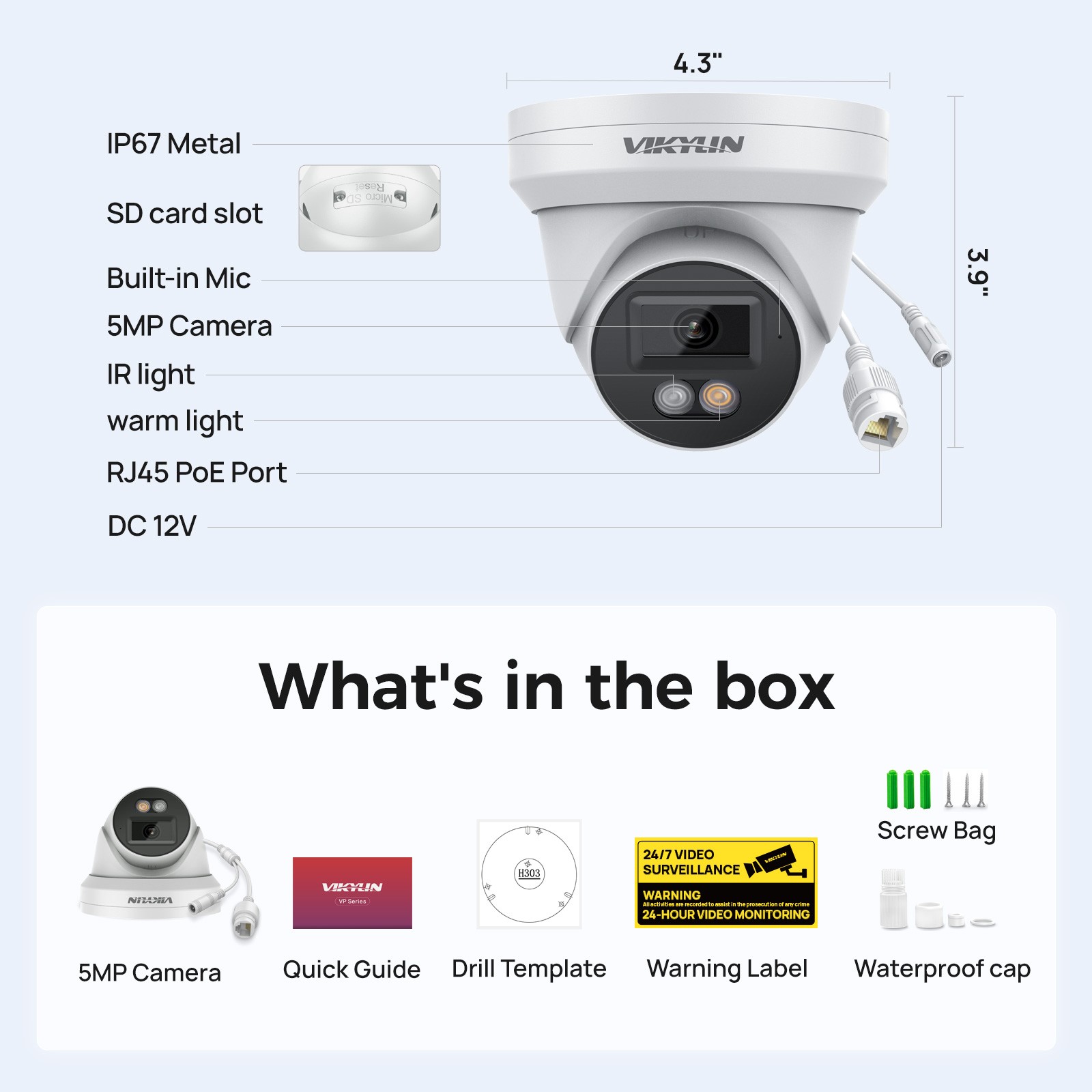 Vikylin 8ch CCTV System 5MP Camera Full Color IR Audio Outdoor 4k 8 POE NVR Lot