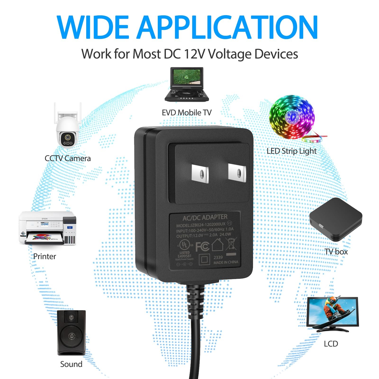 AC 100240V To DC 12V 2A Power Adapter 4Way Splitter Cable Security CCTV