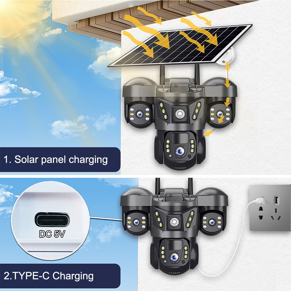 3 Lens 12MP Solar Battery Home Security Camera Outdoor Wifi Wireless PTZ CCTV US