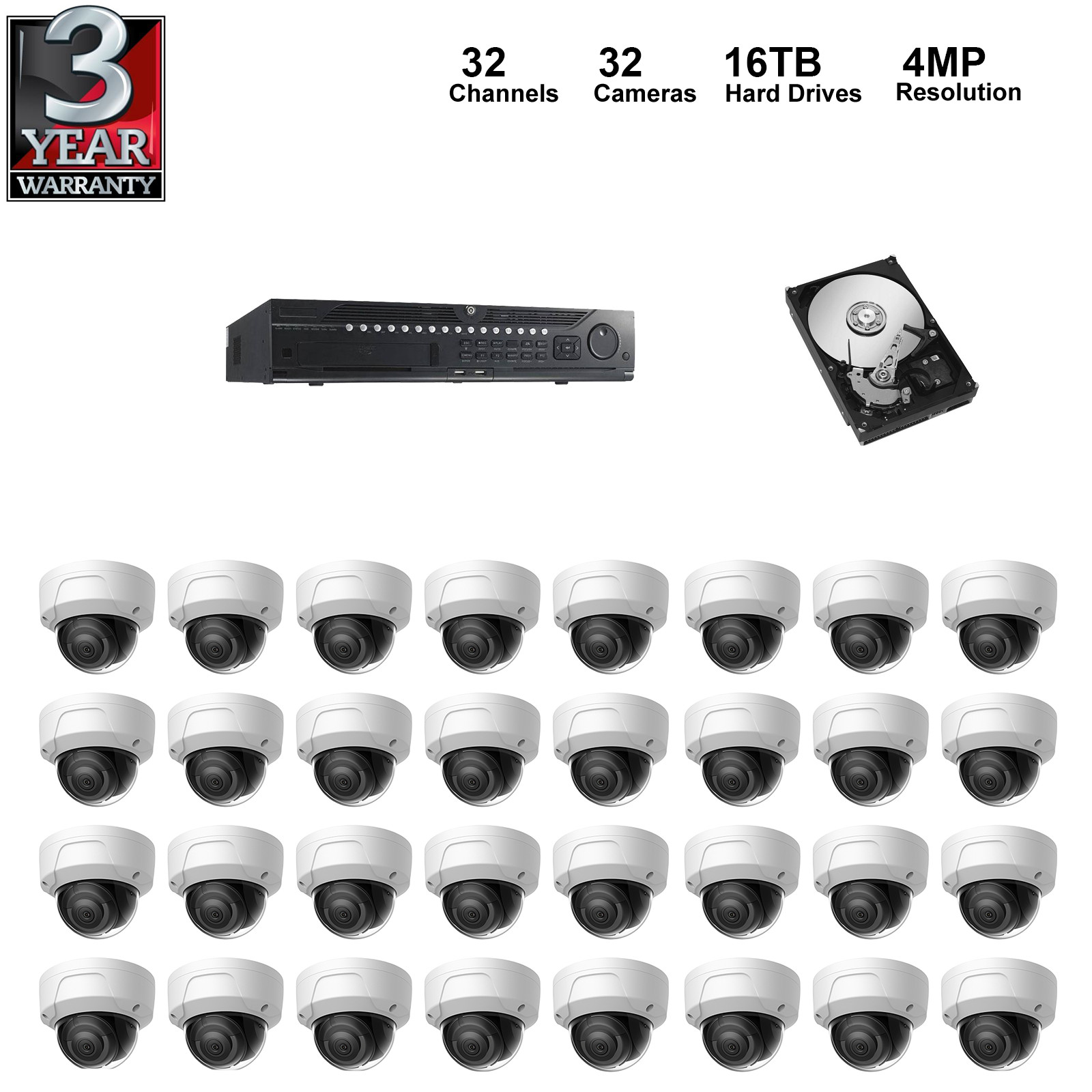 NVR Kit: 32 Channel NVR+16TB HDD+4MP Dome IP Camera