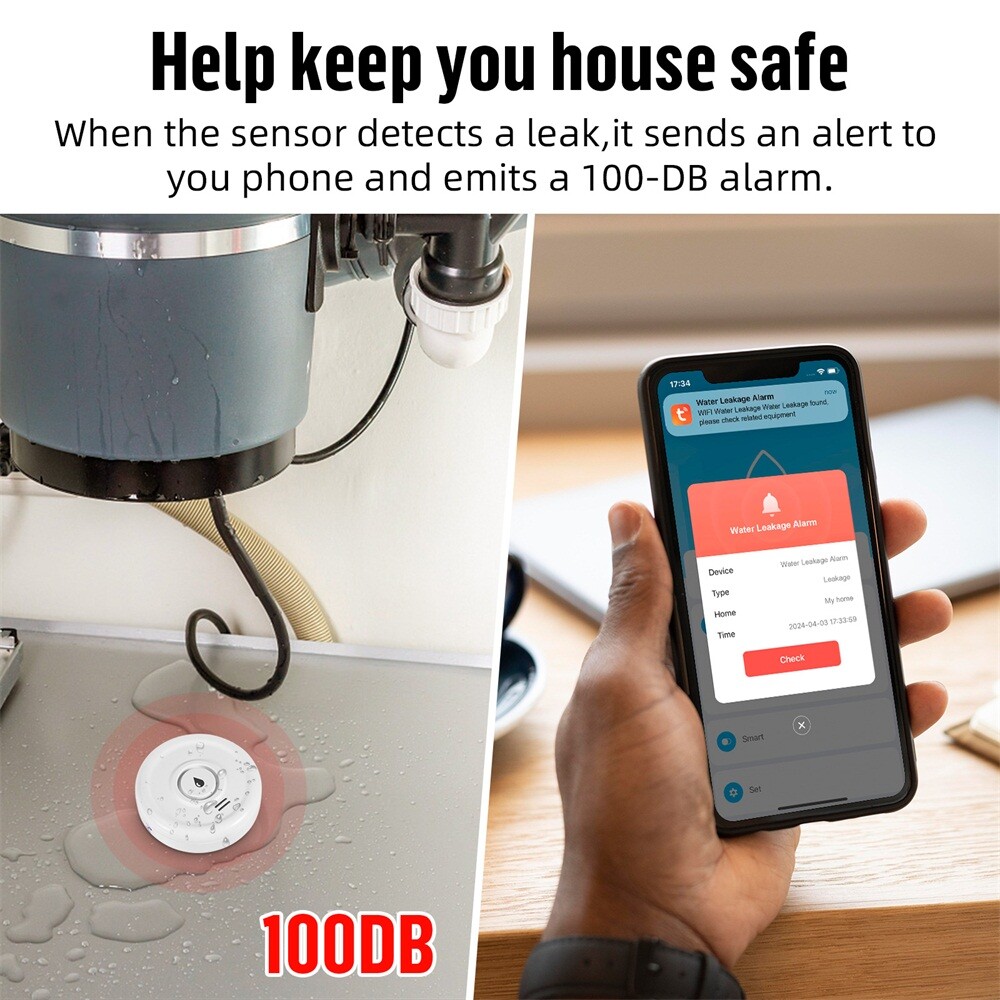 2 Pack Smart Water Leak Sensor Detector APP Alarm WiFi Home Water Leak Detector