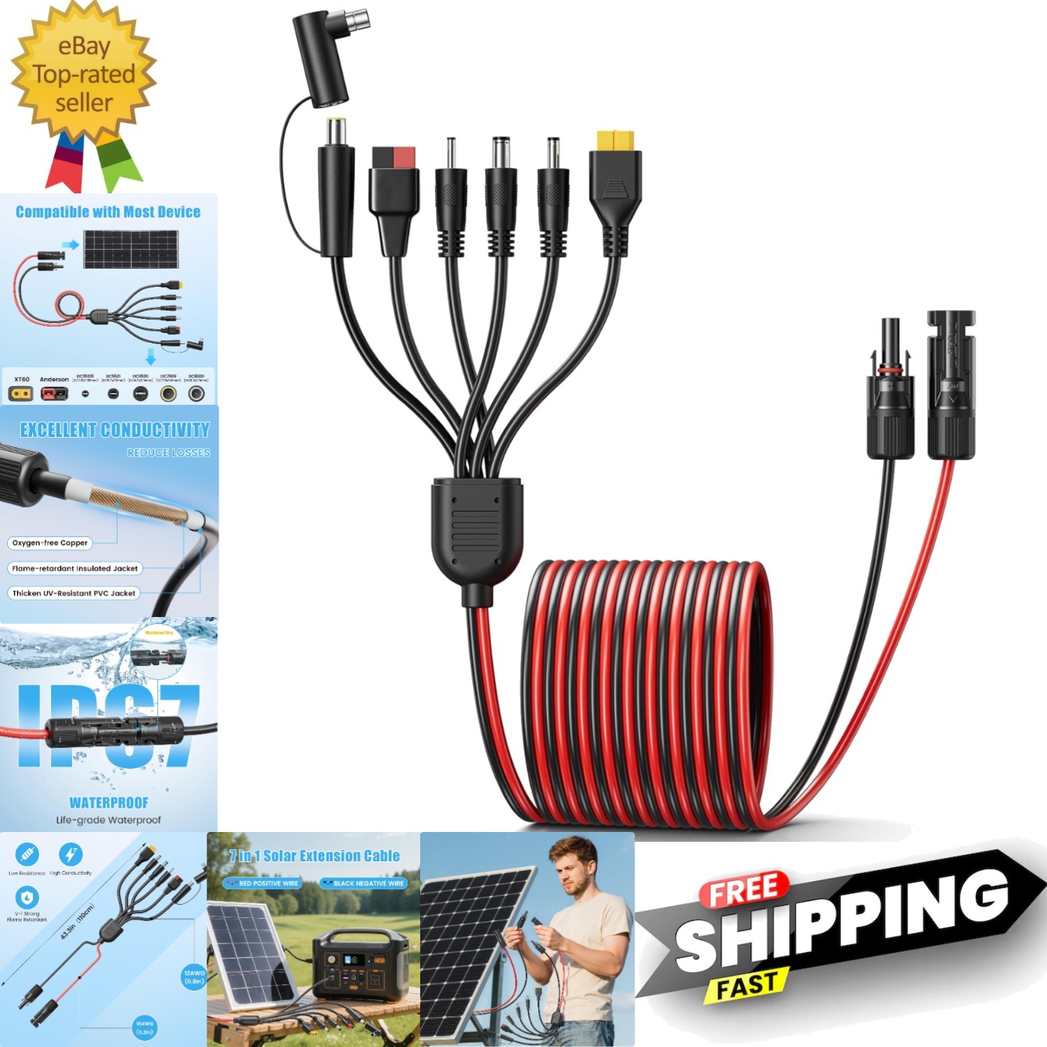 7-in-1 Solar Panel Adapter Connectors,3.6 Feet Universal 12AWG MC4 Cable to D…