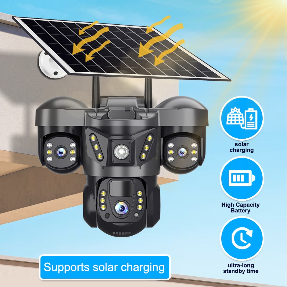 3 Lens 12MP Solar Battery Home Security Camera Outdoor Wifi Wireless PTZ CCTV US