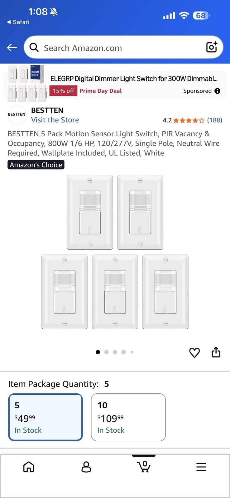BESTTEN 5 Pack Motion Sensor Light Switch, PIR Vacancy & Occupancy, 800W 1/6 HP,