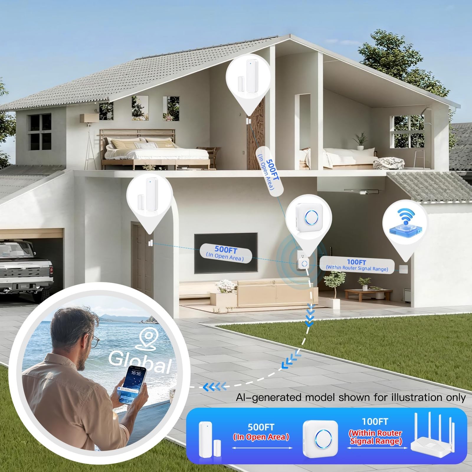 Smart WiFi Door Chime & Window Sensor Alarm – 500FT Range, 32 Ringtones, App Ale