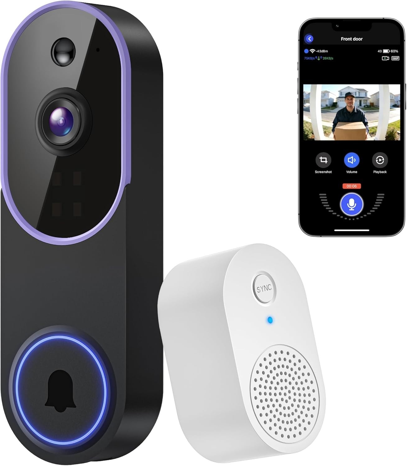 1080P Purple Wireless Doorbell with Intelligent Human Detection & Two-Way Audio