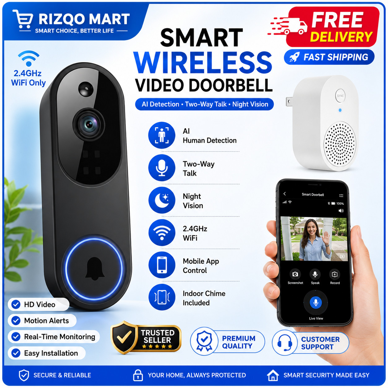 1080P Wireless Wi-Fi Video Doorbell Camera with Two Way Audio, Night Vision, Clo
