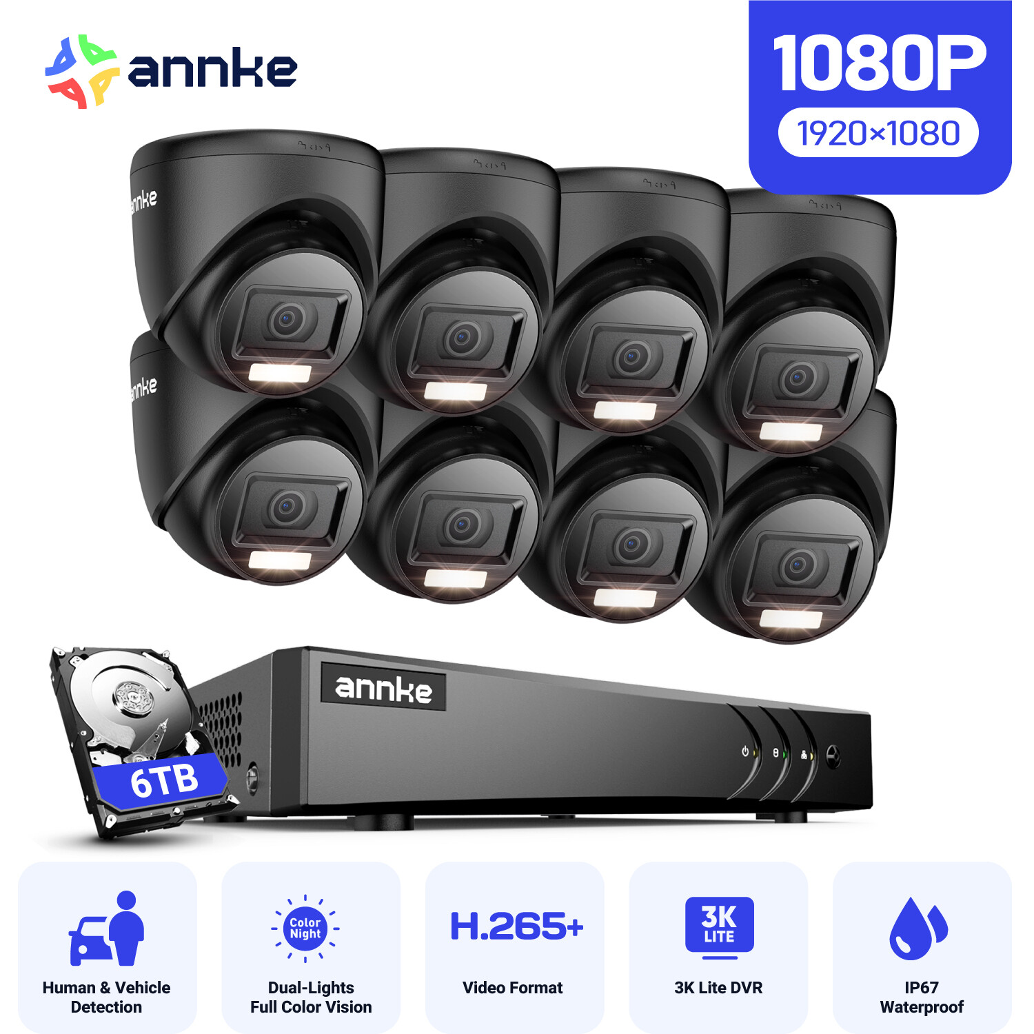 ANNKE 8CH 5MP Lite DVR 1080P Color Night Vision Security Camera System Outdoor