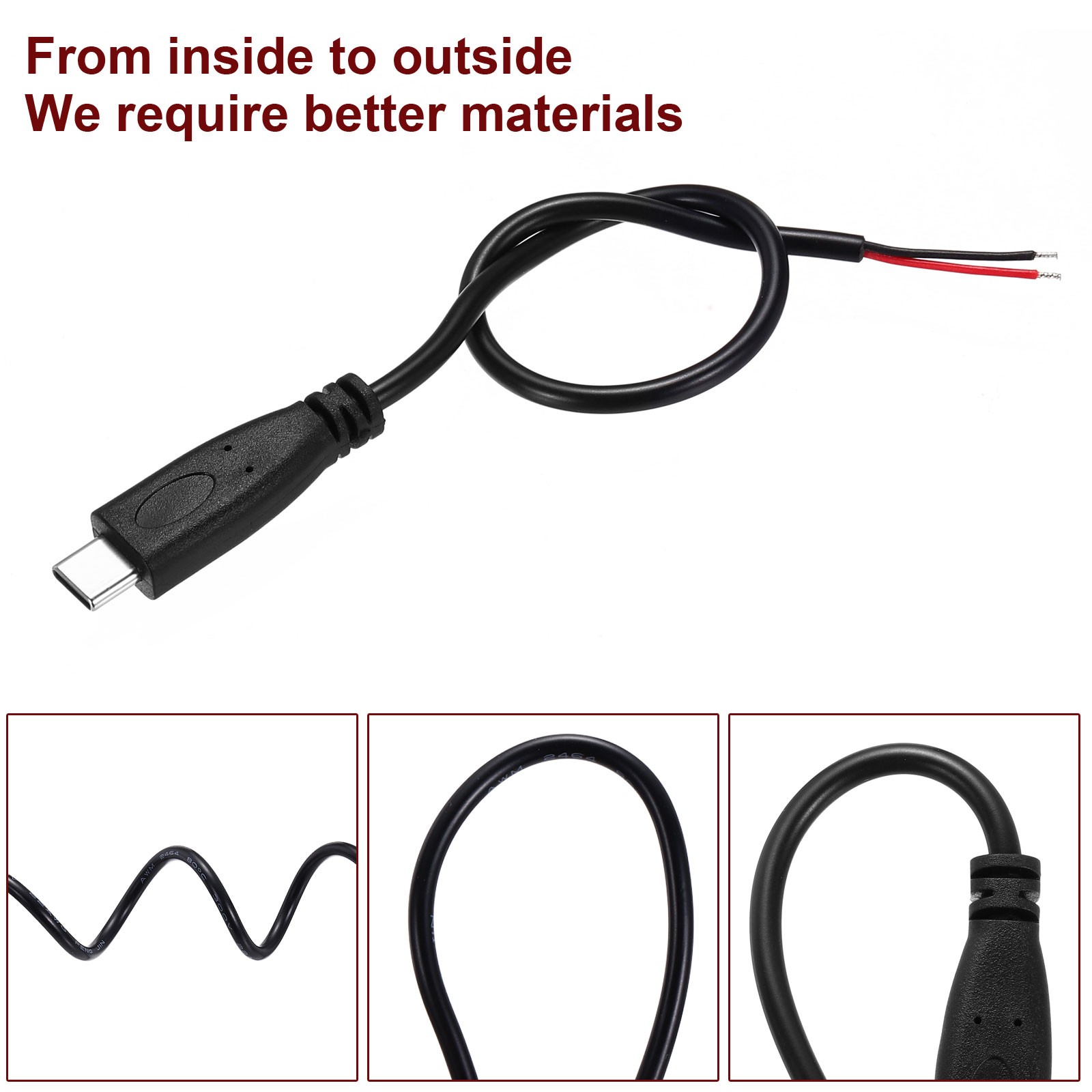0.25M/0.8Ft USB C Male Plug Bare Wire Cable, 22AWG 12V 3A 2 Pin 2Pcs
