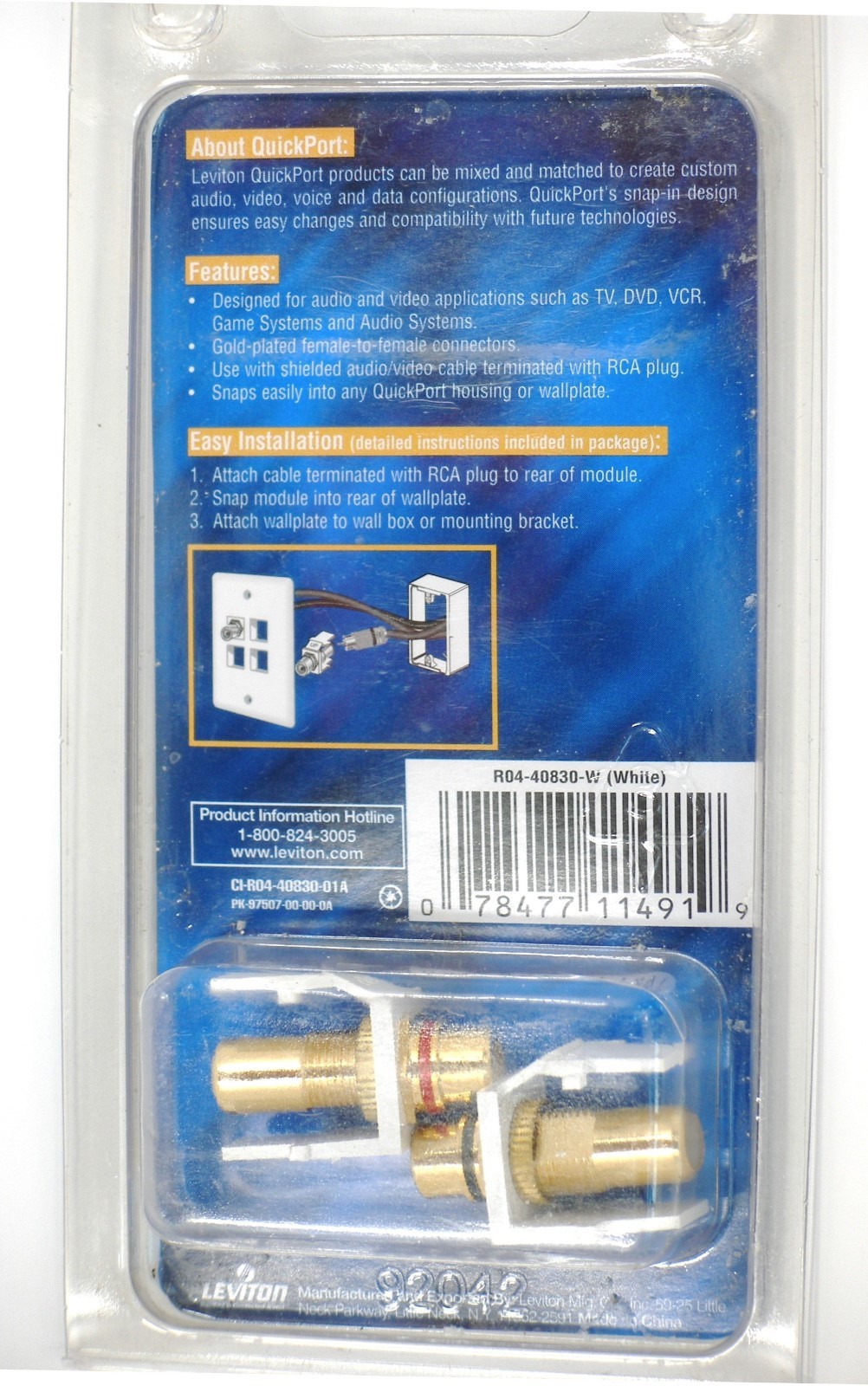 1 PAIR LEVITON White QuickPort RCA Jacks Gold Audio w/Black & Red Stripe 40830-W