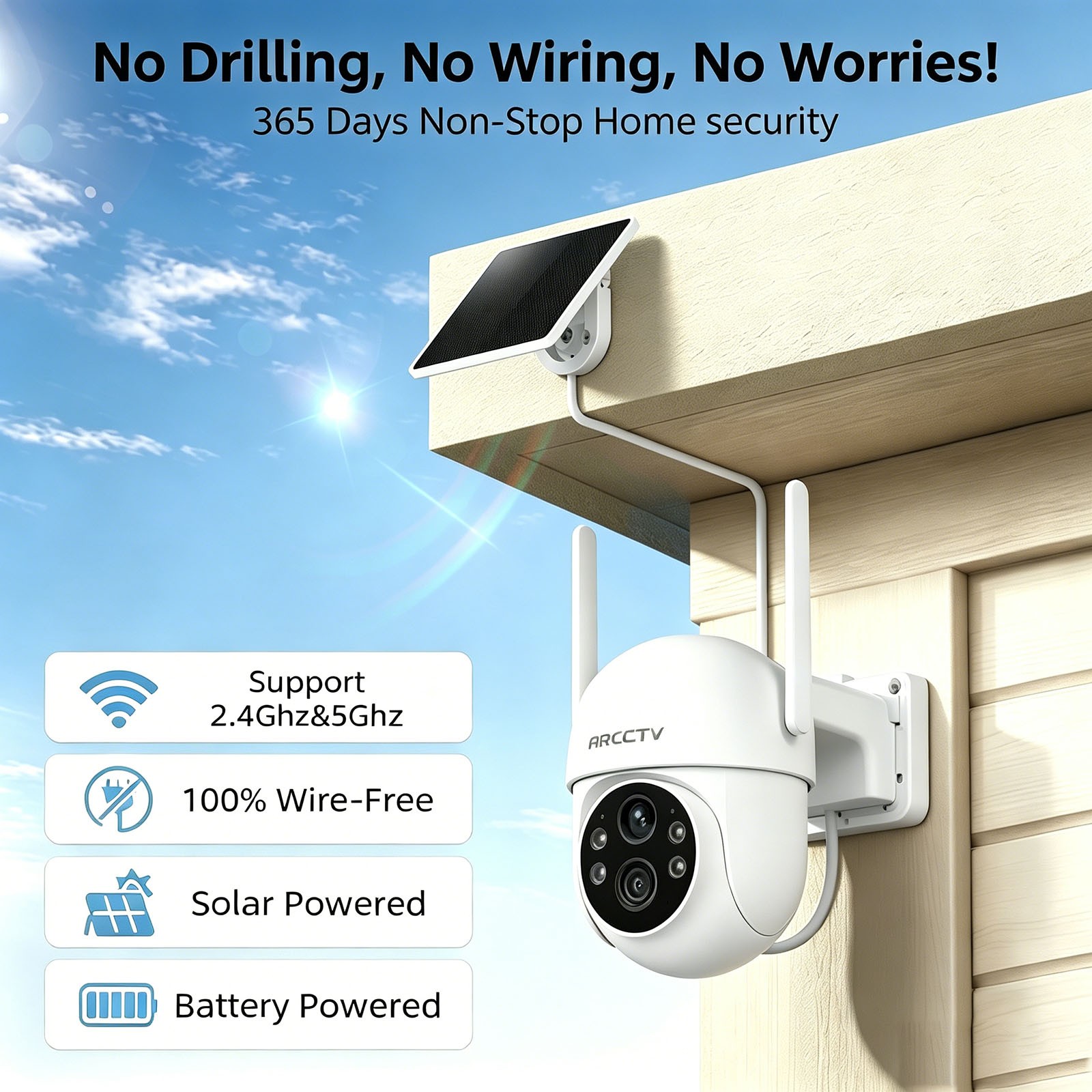 ARCCTV 4MP Wireless 5G WiFi 360°Pan-Tilt Solar Security Camera Outdoor CCTV Home