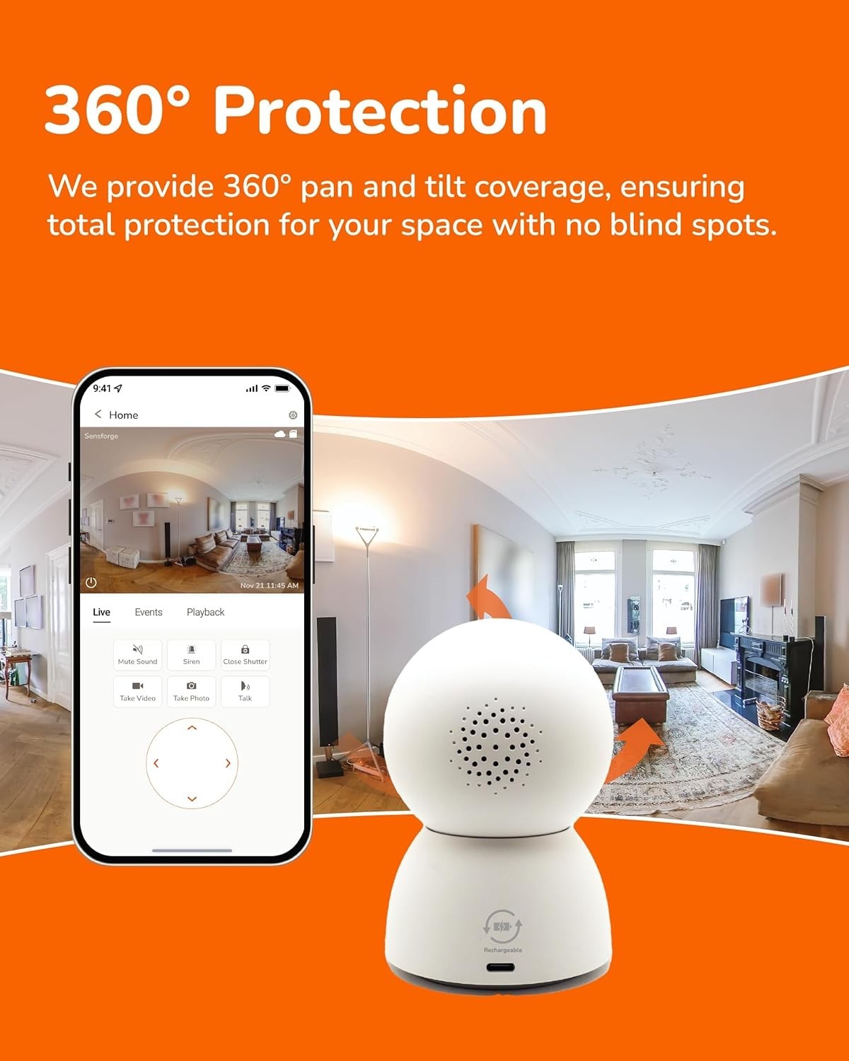 SensForge Rechargeable 2.5K HD Pan-Tilt WiFi Security Camera, AI Detection, 64GB