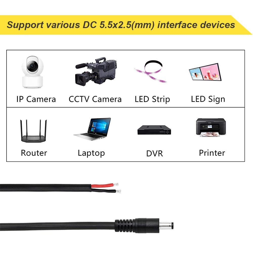 DC Power Pigtails Cable, DC 5.5MM x 2.5MM Male & Female Plug to Bare Wire Ope…