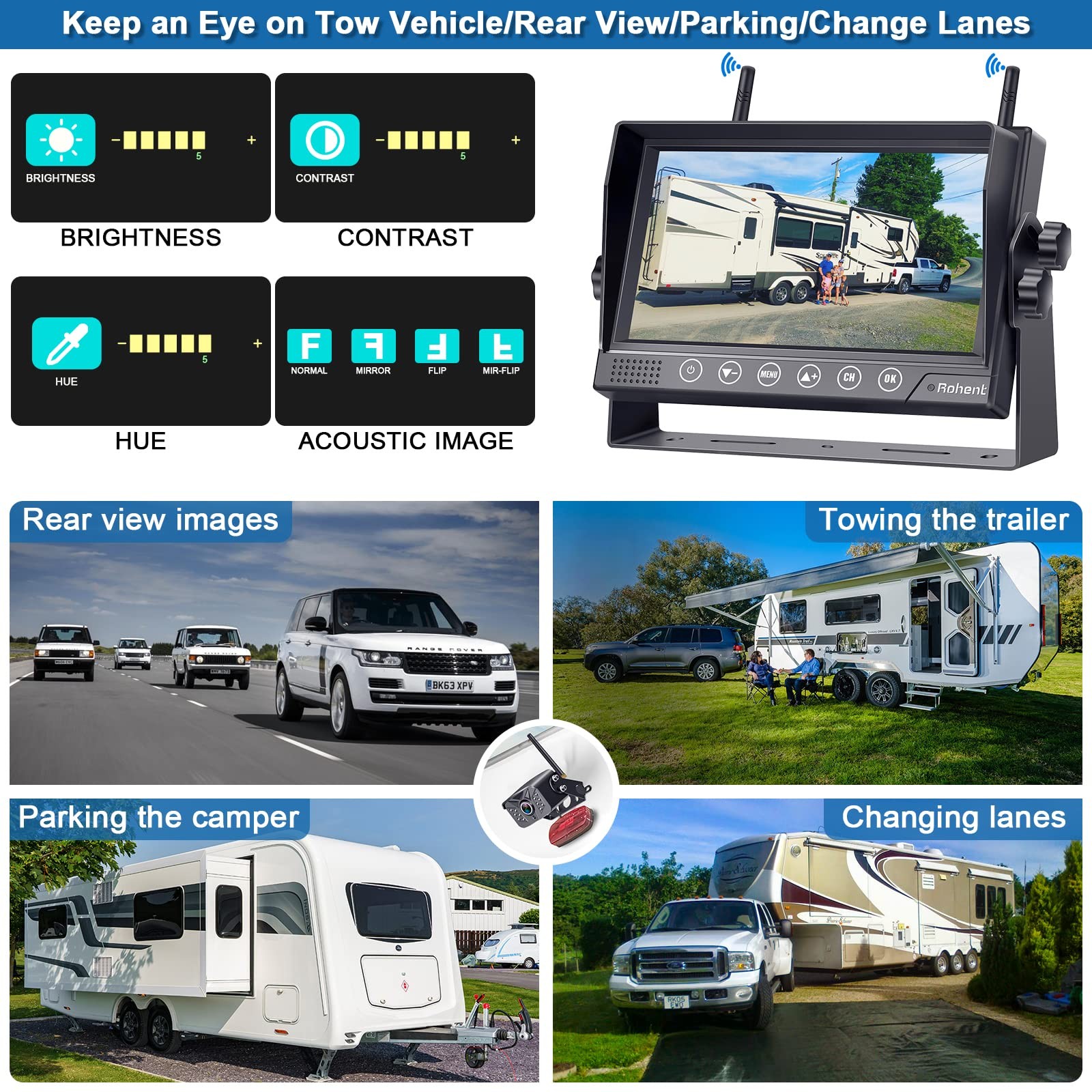 Rohent RV Backup Camera Wireless HD1080P 2 Cameras 7 Inch Monitor, 2cameras