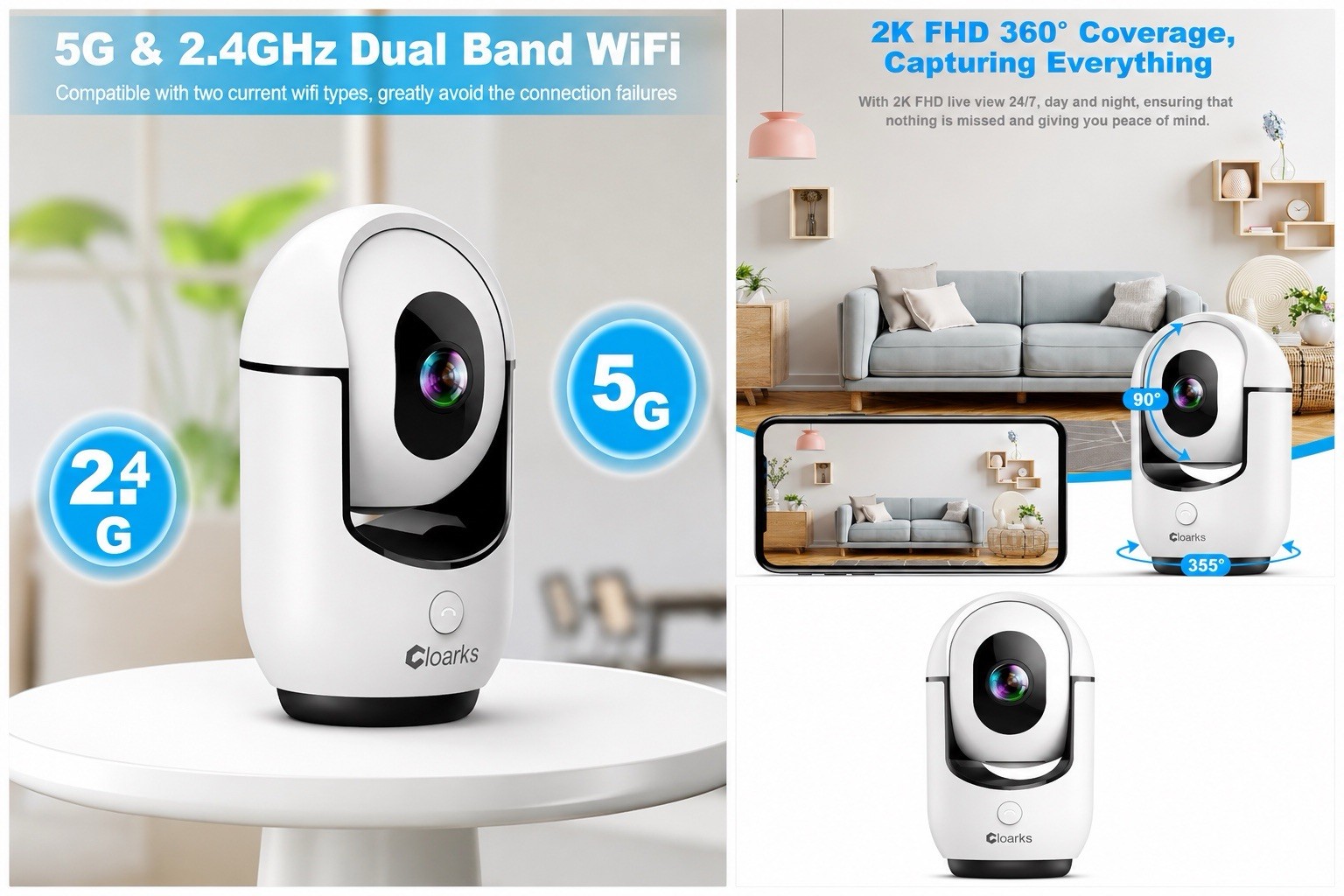2K Pan/Tilt Security Camera, WiFi Indoor Cameras for Home Security with AI Mo…