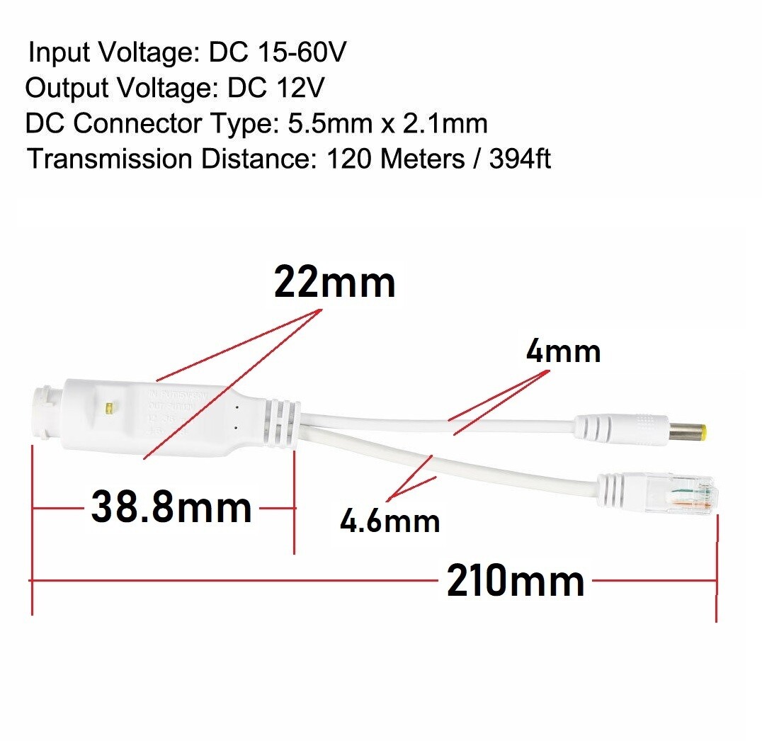 POE Splitter Waterproof Power Over Ethernet Splitter Adapter DC 18-60V to 12V