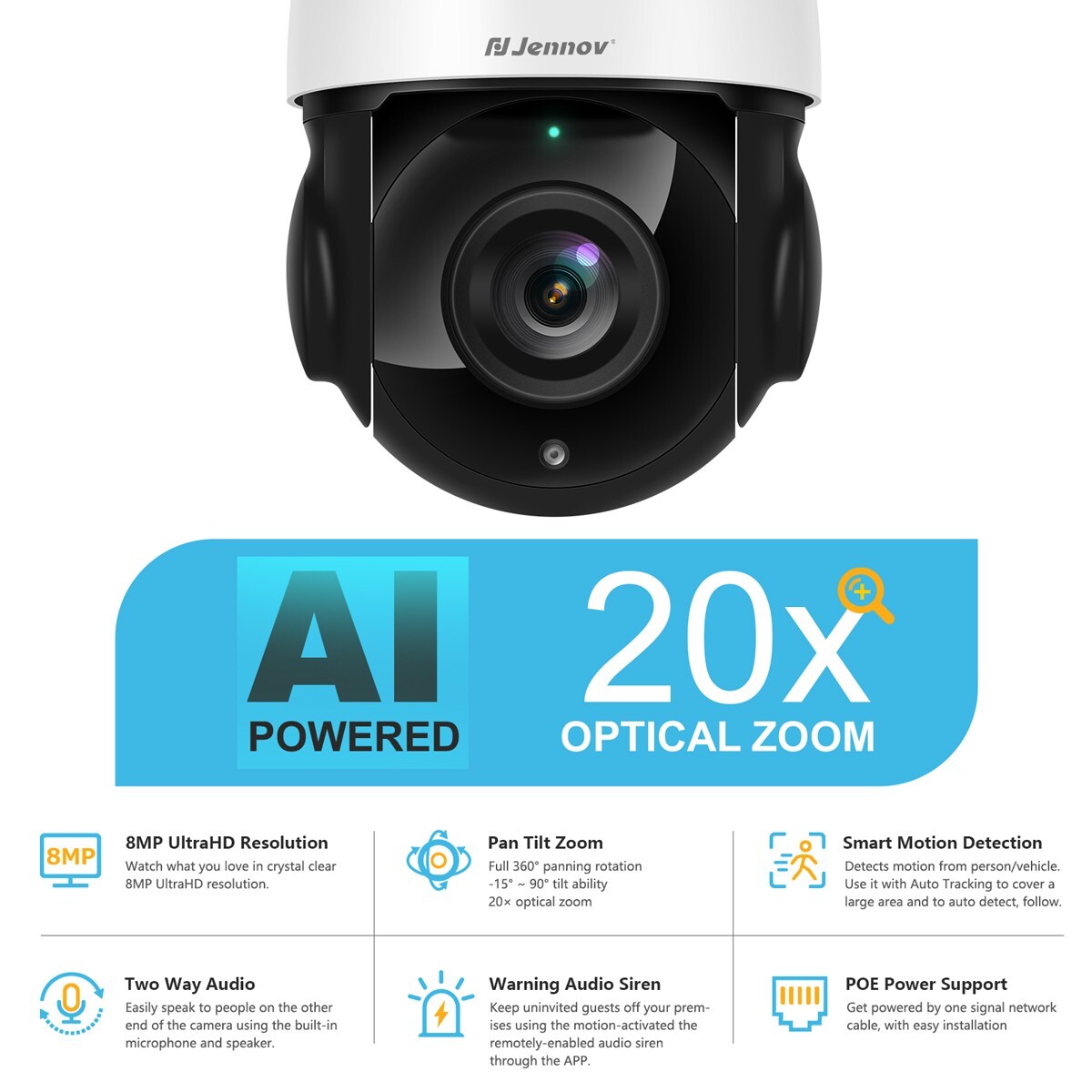 JENNOV 4K 8MP 30X Zoom PTZ 360° IP Camera POE Auto Tracking Outdoor CCTV