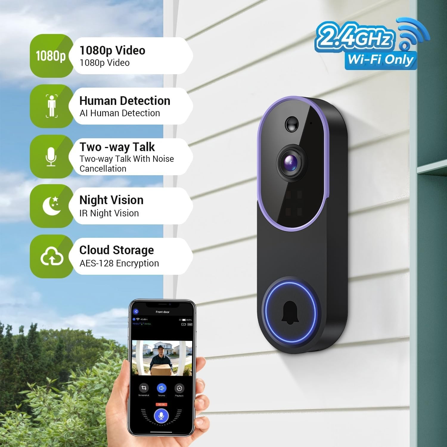 1080P Purple Wireless Doorbell with Intelligent Human Detection & Two-Way Audio