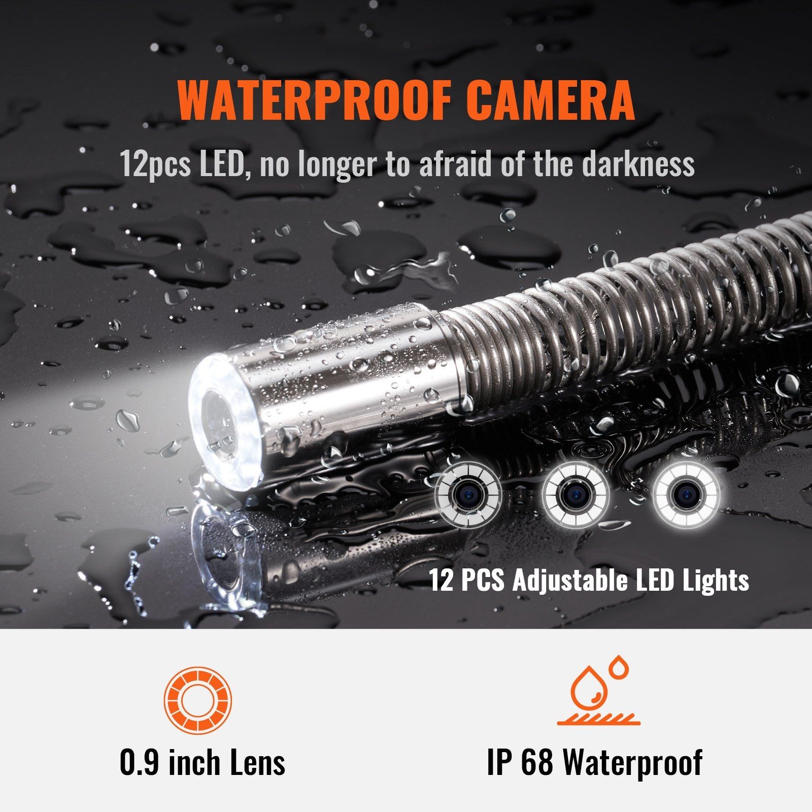 70m 9in IP68 Pipeline Camera DVR 12LEDs 16GB SD Waterproof