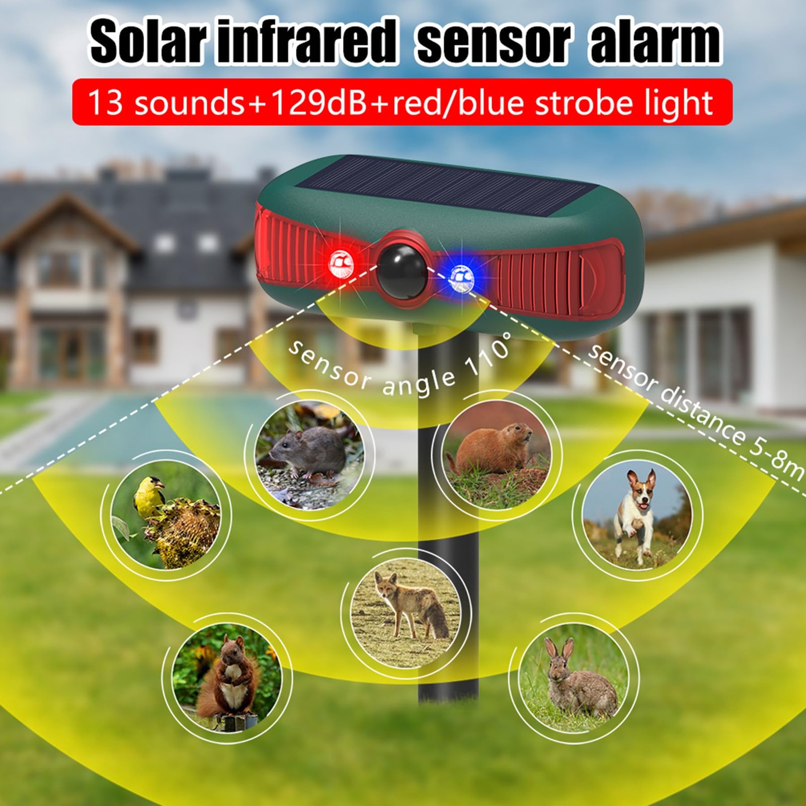 Solar Outdoor Motion Sensor Alarm – 13 Various Sounds Barking Dog Alarm Gunsh…