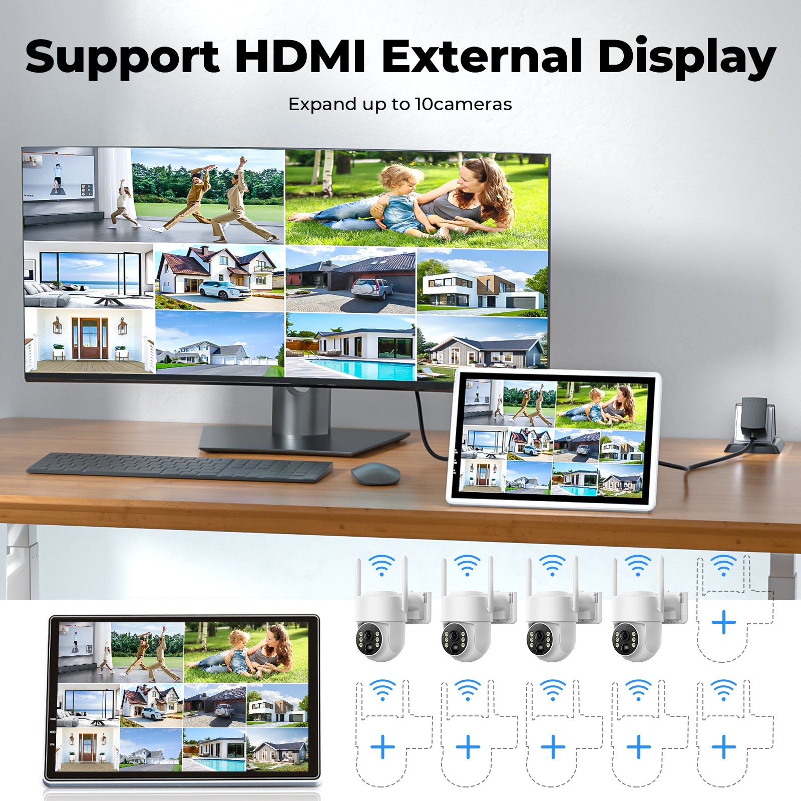 10CH Monitor NVR Wireless Solar Security Camera System Outdoor Audio Recording